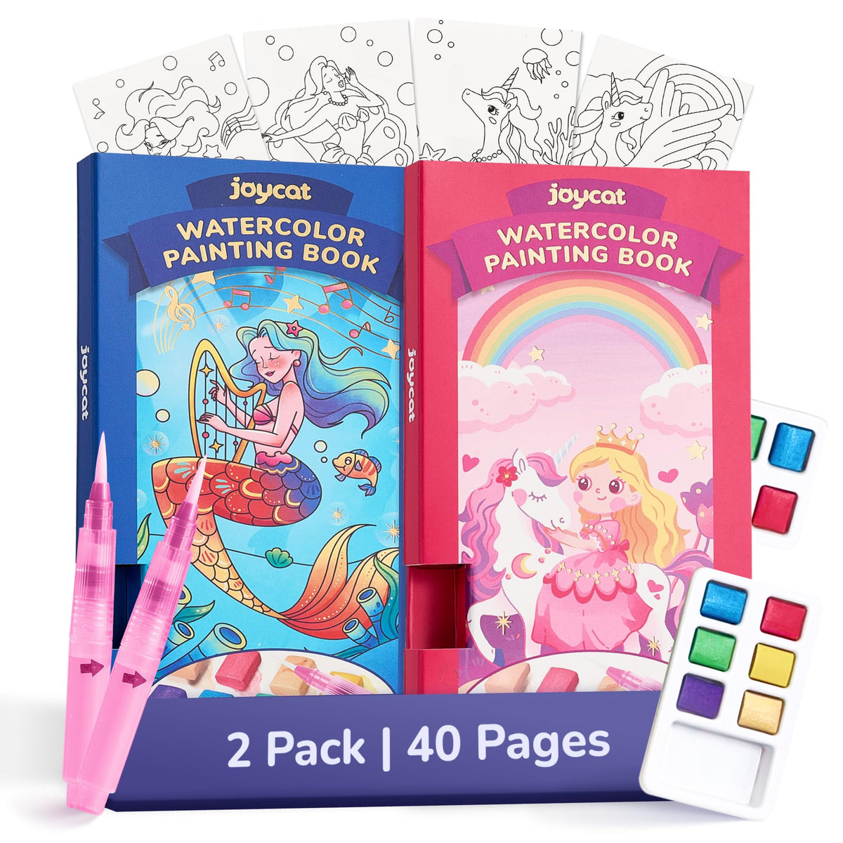 JoyCat 2 Pack Pocket Paint with Water Coloring Books – Magical Pony & Ocean Princess (Ages 3-8) | Travel Art Kit