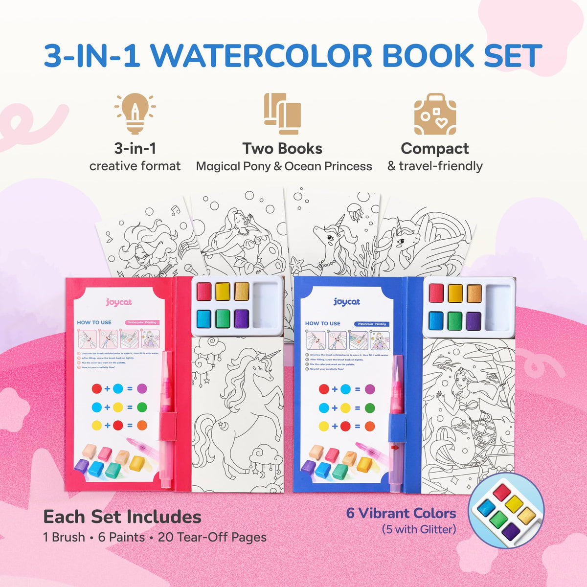 JoyCat 2 Pack Pocket Paint with Water Coloring Books – Magical Pony & Ocean Princess (Ages 3-8) | Travel Art Kit