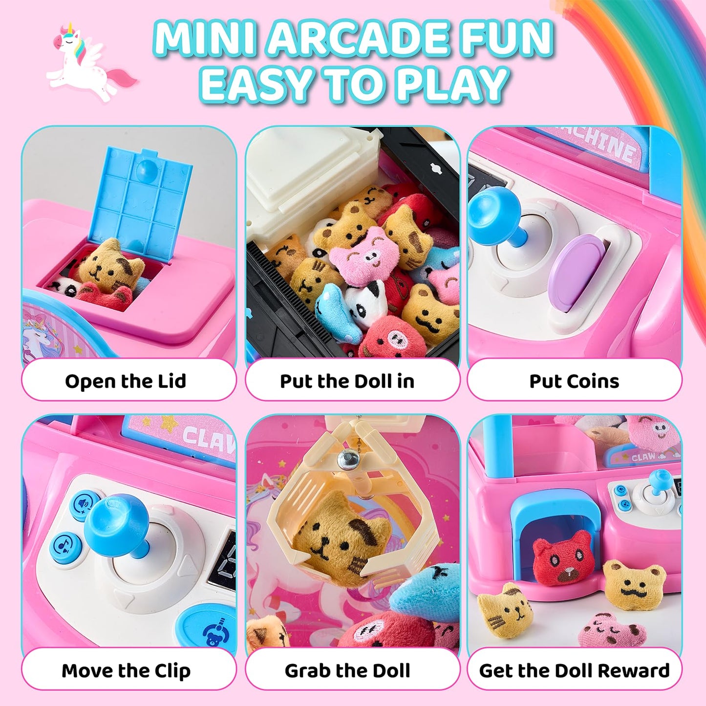 JoyCat Claw Machine for Kids – Unicorn Mini Arcade Game with 20 Plush Toys