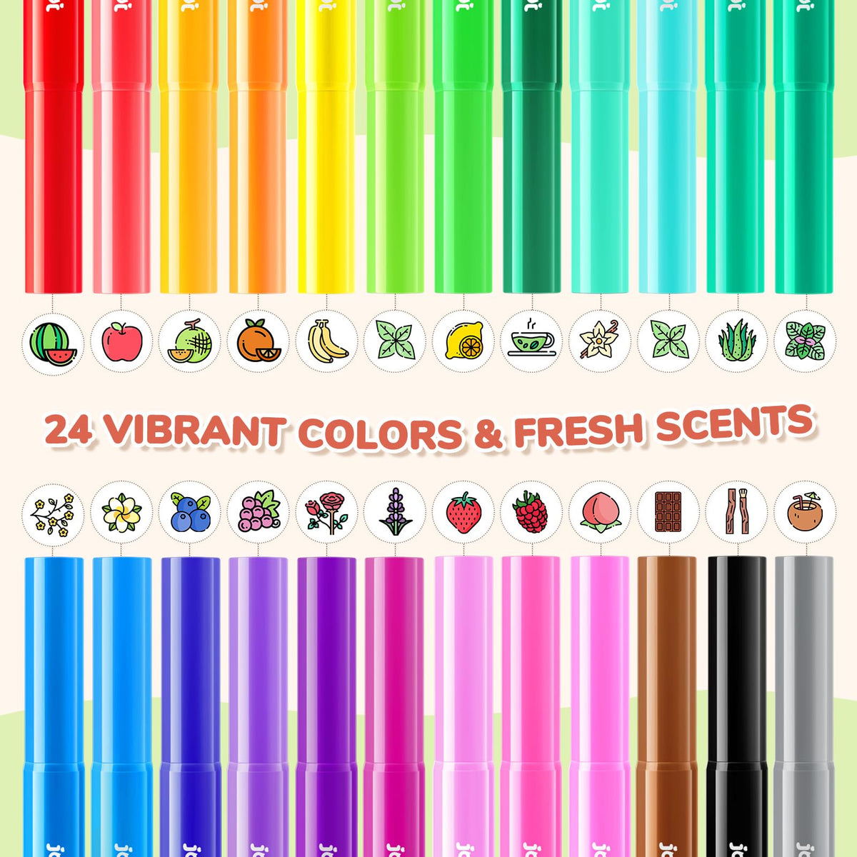 JoyCat Scented Washable Markers – 24 Vibrant Colors, Non-Toxic & Quick-Dry, Easy-Grip Nib for Toddlers