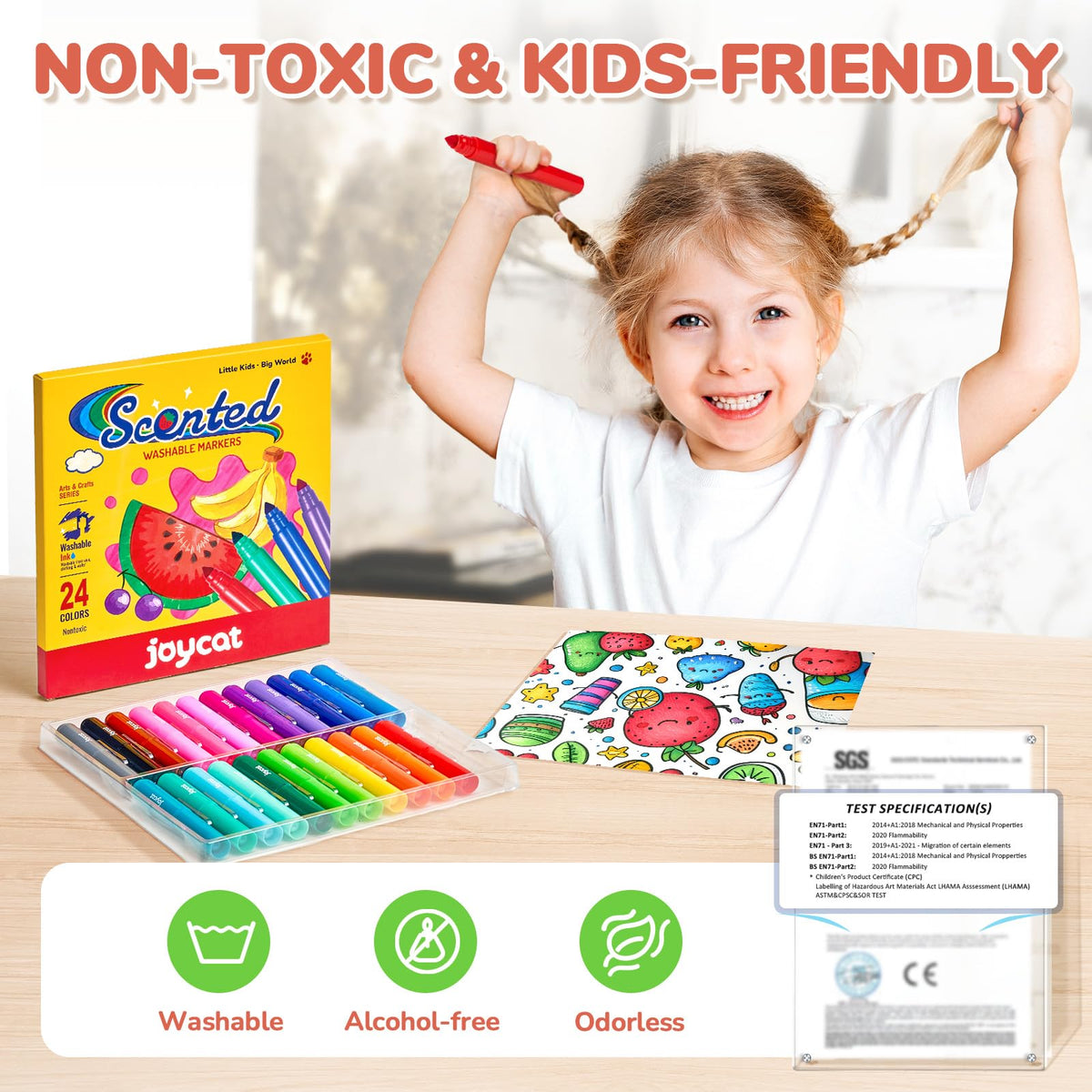 JoyCat Scented Washable Markers – 24 Vibrant Colors, Non-Toxic & Quick-Dry, Easy-Grip Nib for Toddlers