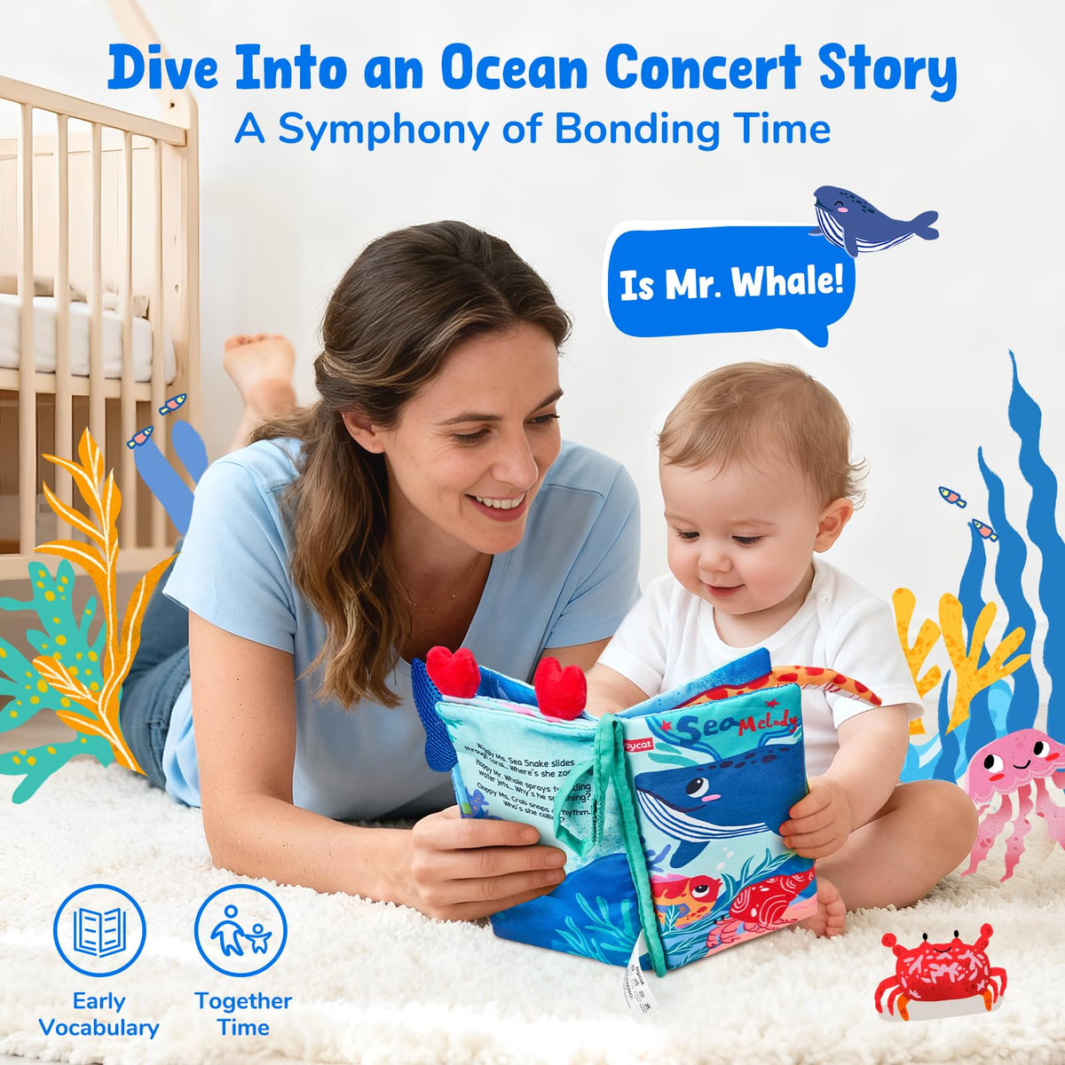 JoyCat Ocean Tummy Time Baby Book — Montessori Sensory Cloth Book with 3D Crab & Mirror
