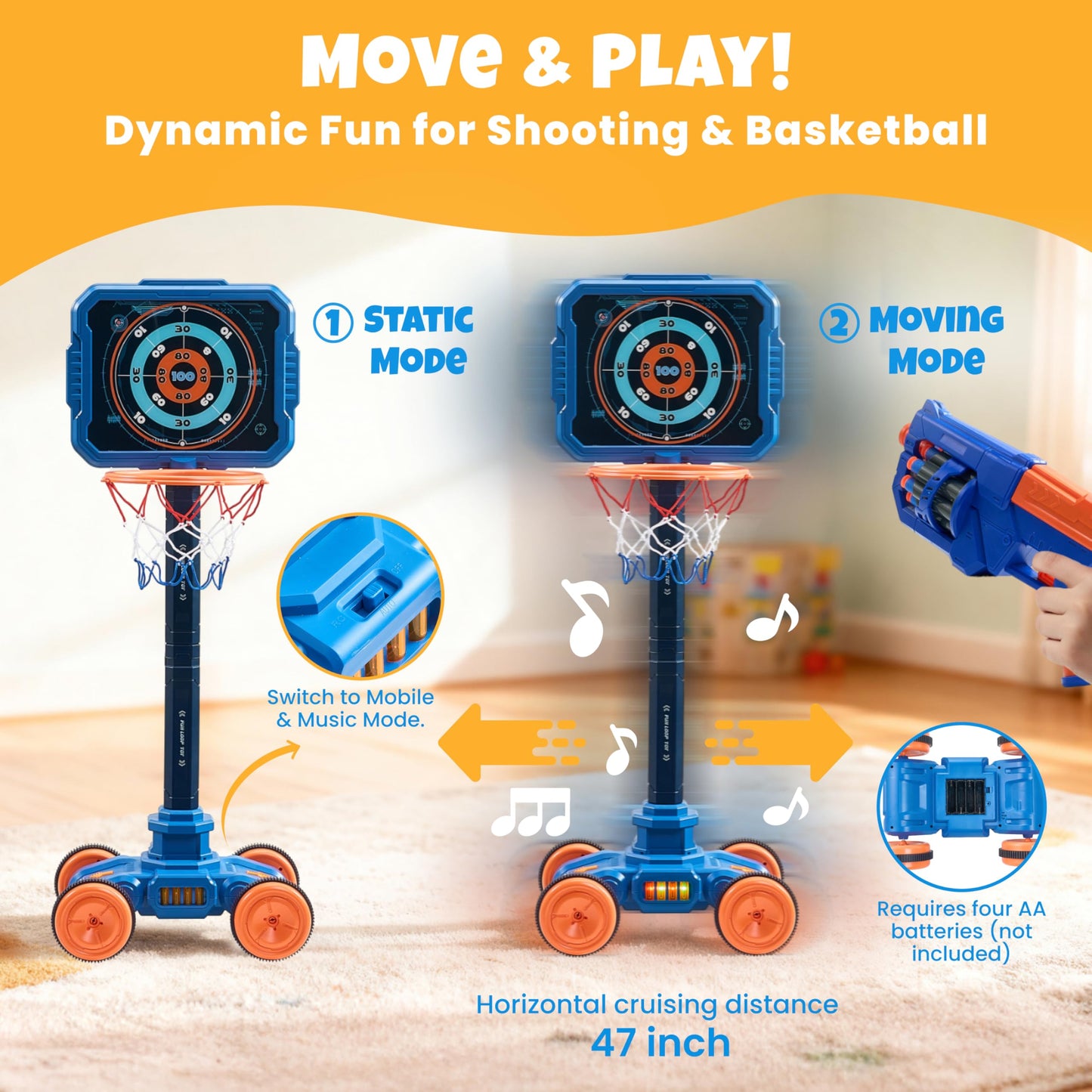 JoyCat 2-in-1 Shooting & Basketball Toy for Kids – Adjustable, Auto-Moving Target with Music