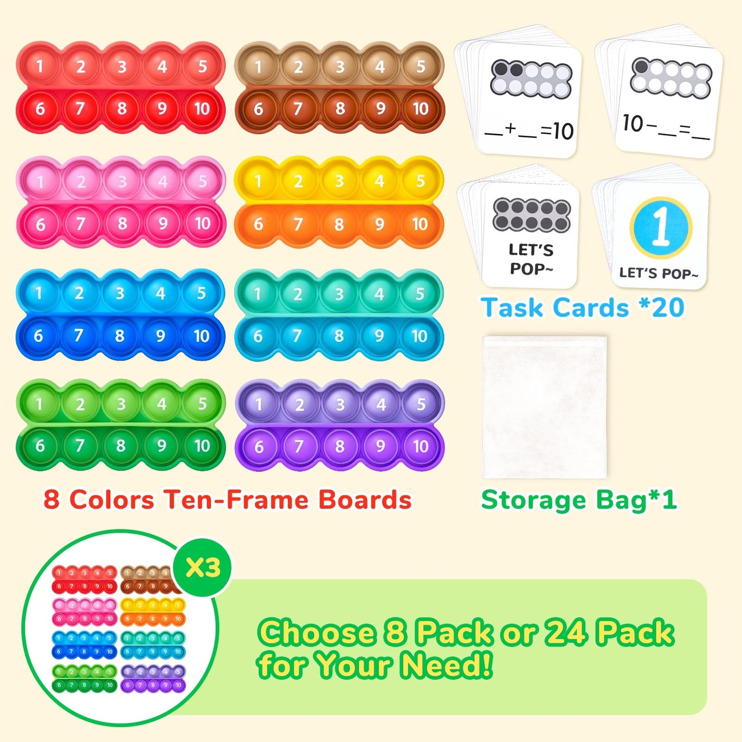 JoyCat Ten-Frame Math Learning Tools — 24 Frames & 20 Cards for Preschool & Kindergarten