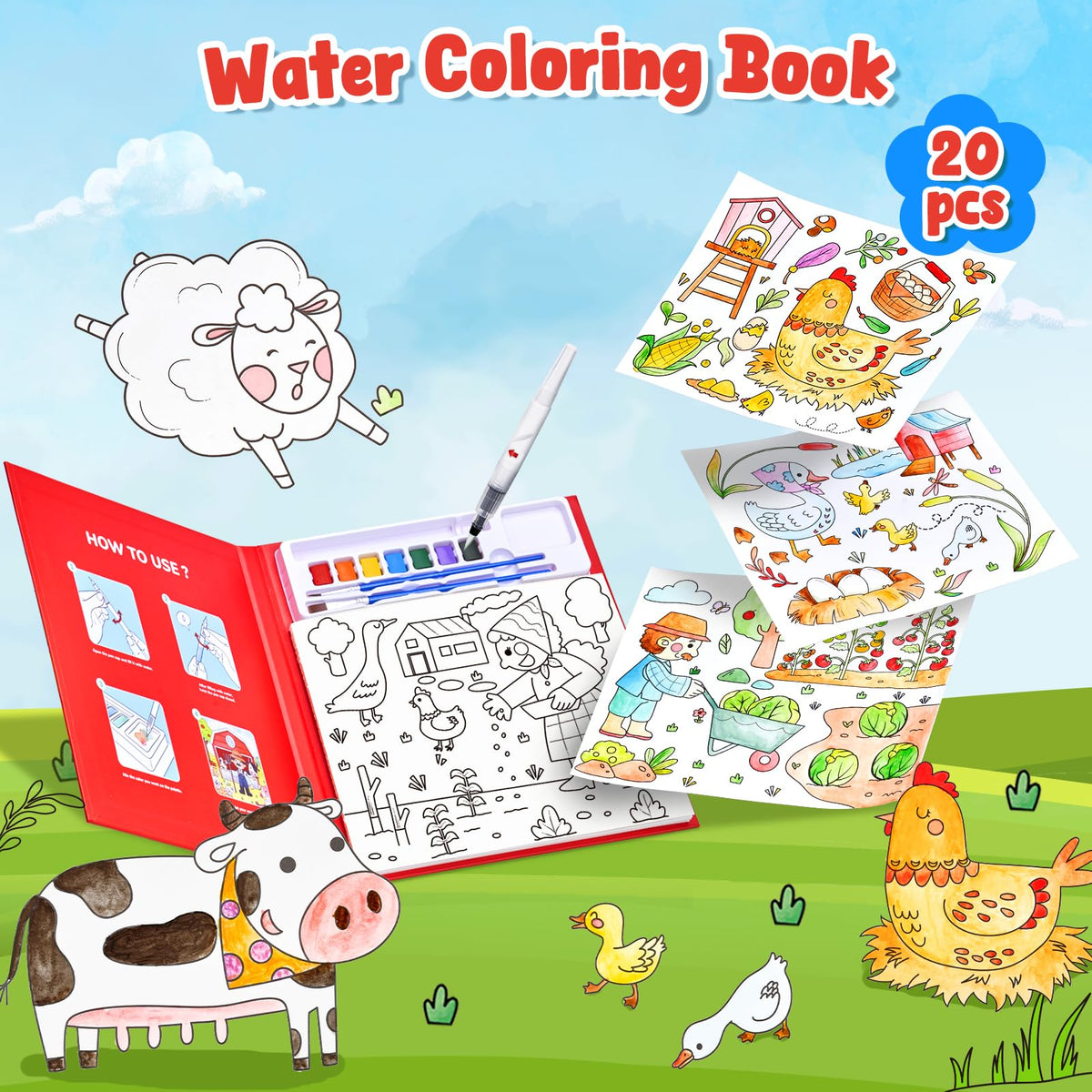 JoyCat Paint with Water Coloring Books – Farm Set for Kids 3–8