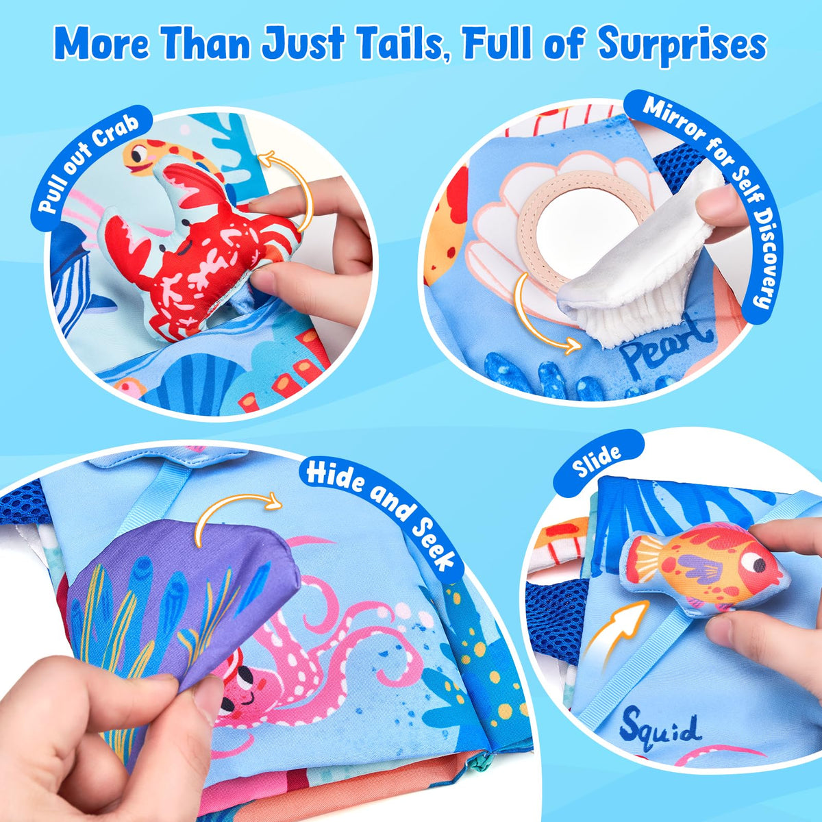 JoyCat Ocean Tummy Time Baby Book — Montessori Sensory Cloth Book with 3D Crab & Mirror
