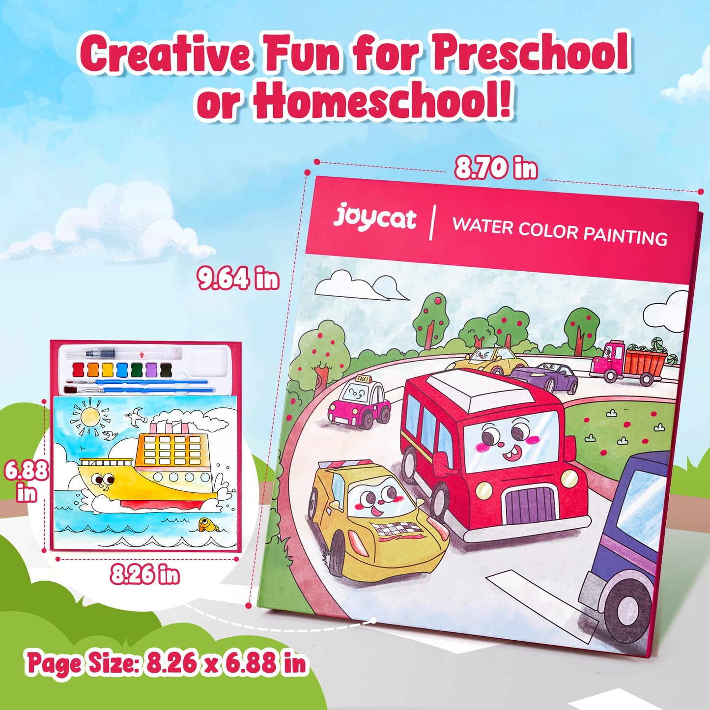 JoyCat Paint with Water Coloring Books for Toddlers – Mess-Free Watercolor Set (Transportation)