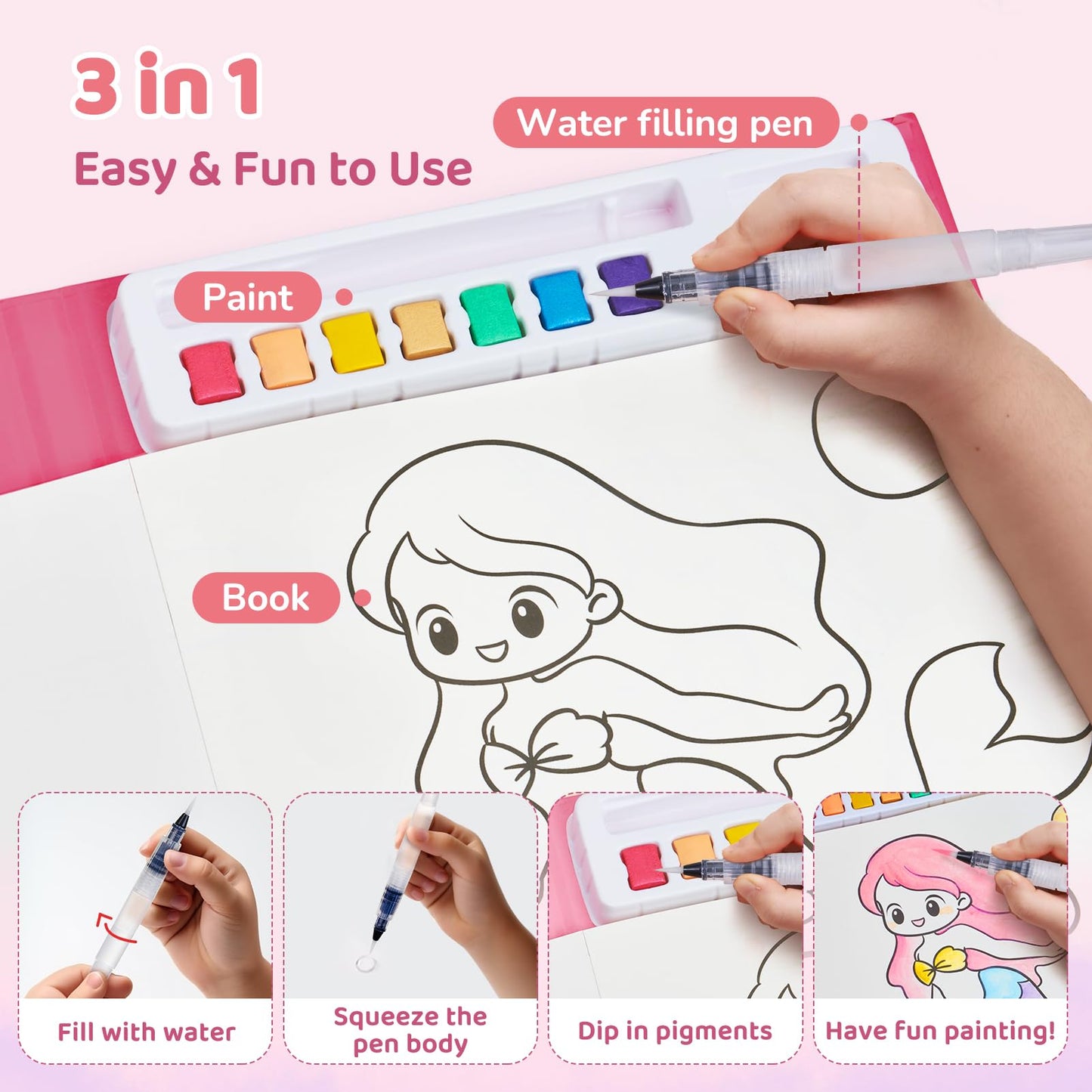JoyCat Watercolor Coloring Book Set – Magical Pony (Ages 3-5) No Mess 3-in-1