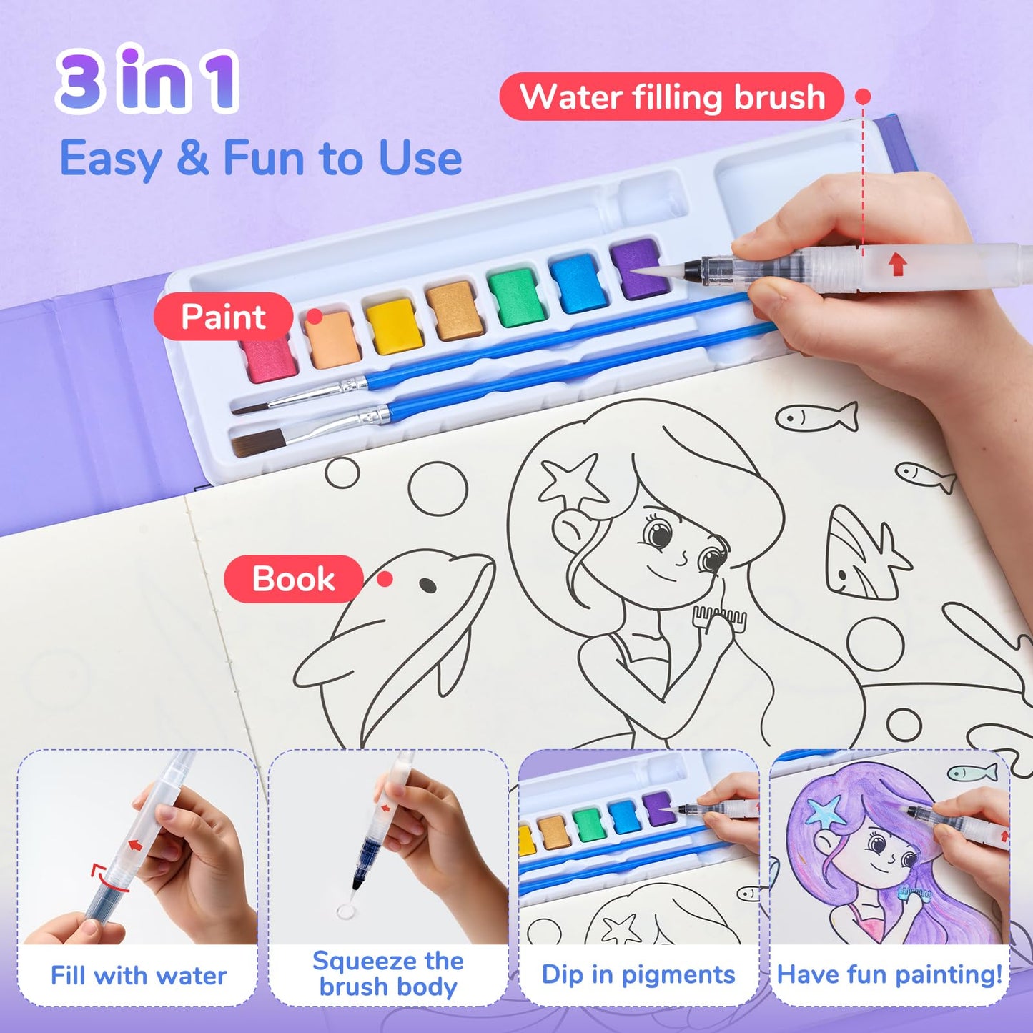 JoyCat Paint with Water Coloring Book – Underwater World, 3-in-1 No-Mess Set