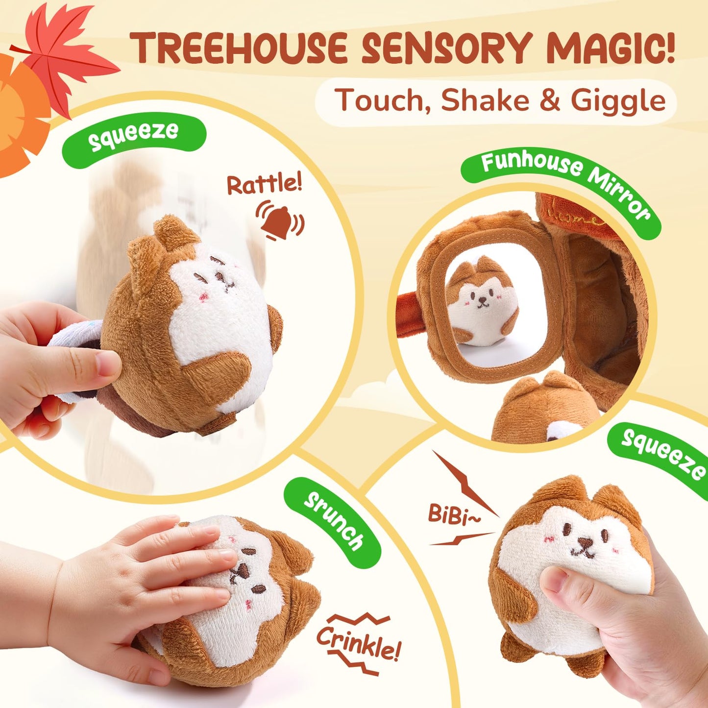 JoyCat Baby Toys 6-12 Months – Soft Treehouse with 5 Sensory Squirrels