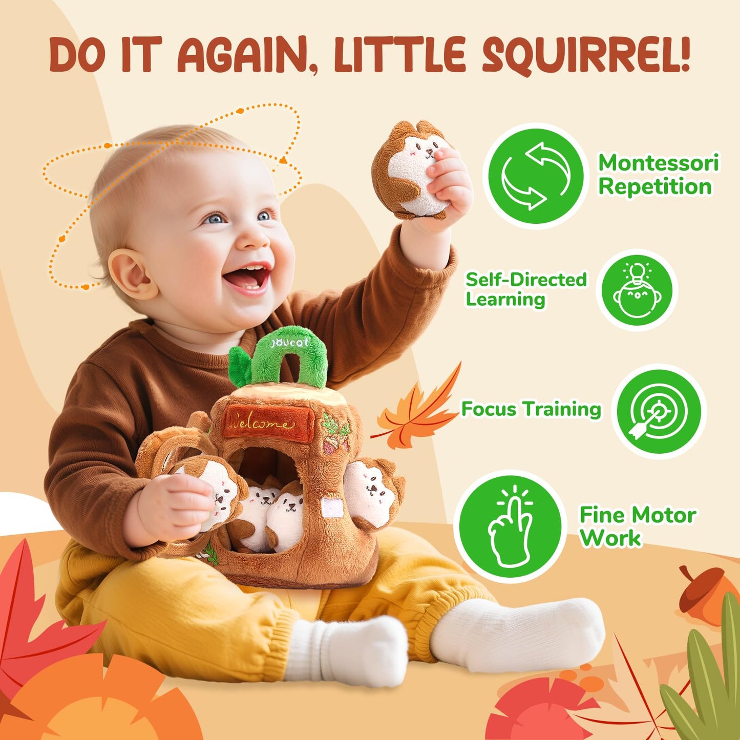 JoyCat Baby Toys 6-12 Months – Soft Treehouse with 5 Sensory Squirrels