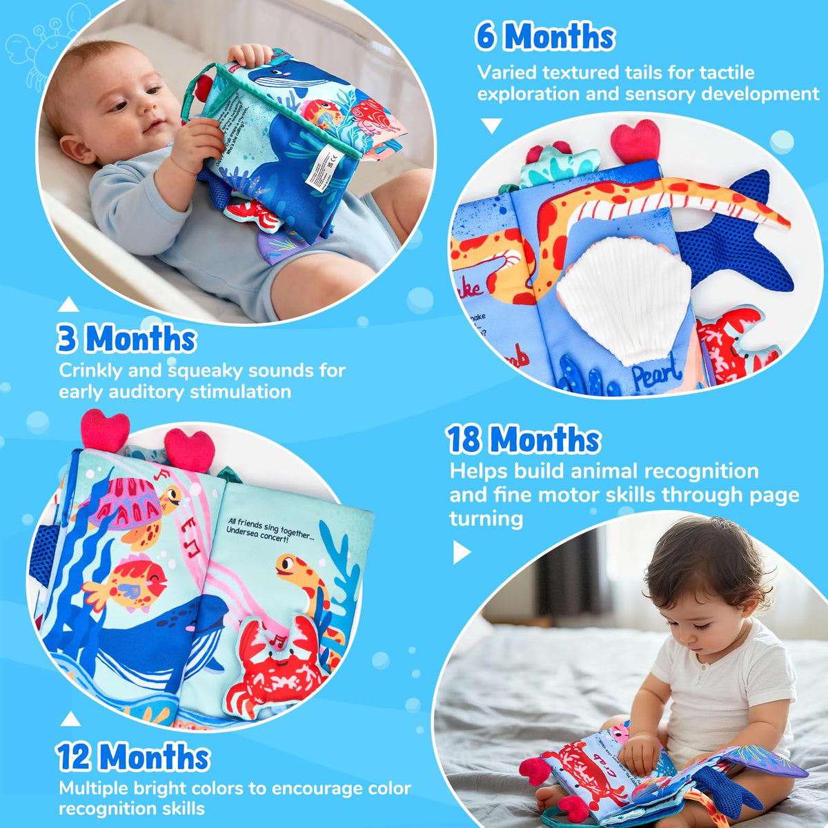 JoyCat Ocean Tummy Time Baby Book — Montessori Sensory Cloth Book with 3D Crab & Mirror