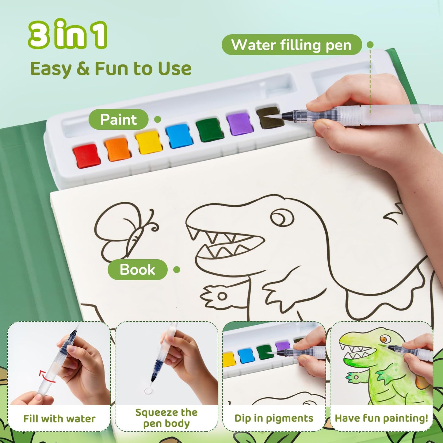 JoyCat Paint with Water Coloring Books for Toddlers – Dinosaur & Vehicle 3-in-1 Art Set