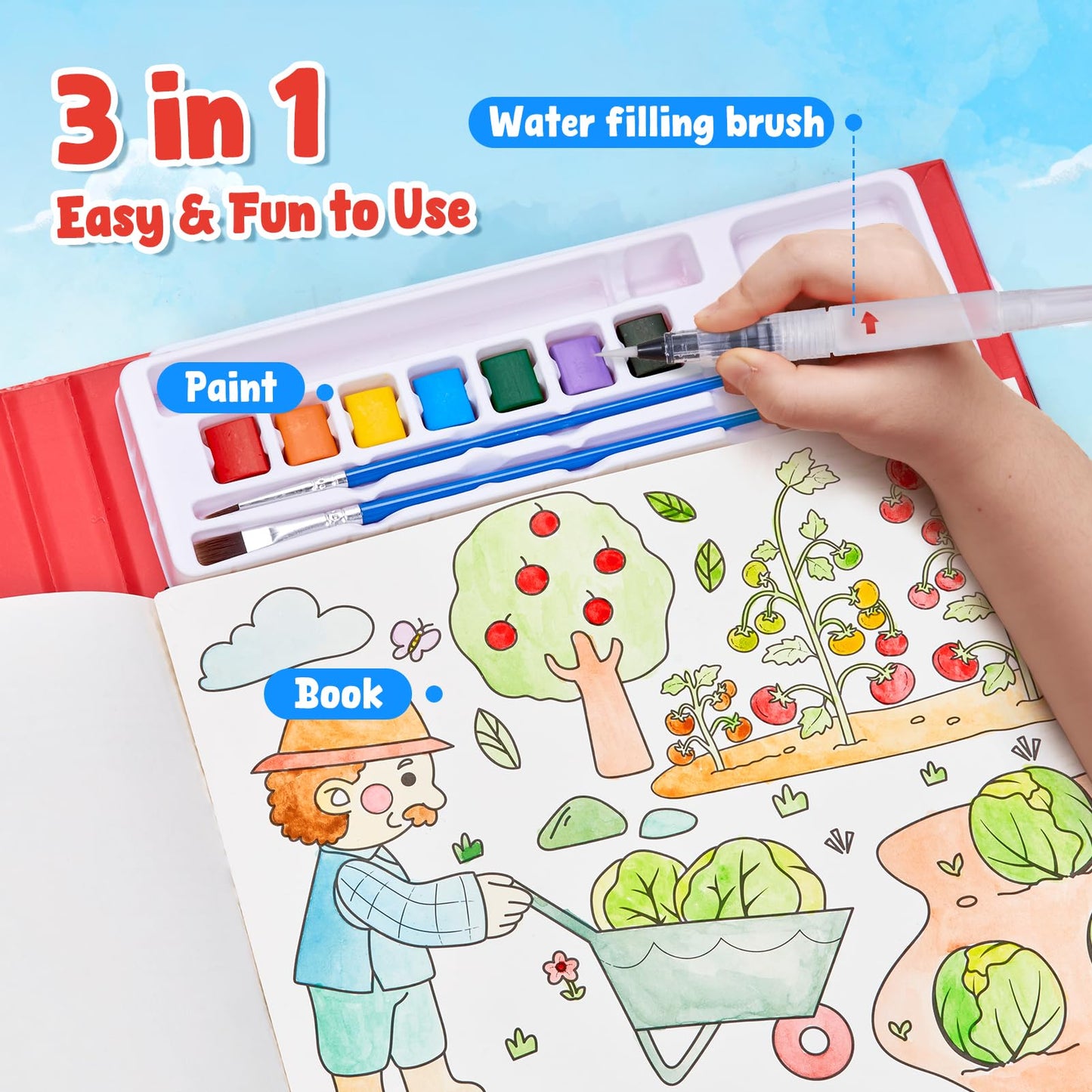 JoyCat Paint with Water Coloring Books – Farm Set for Kids 3–8