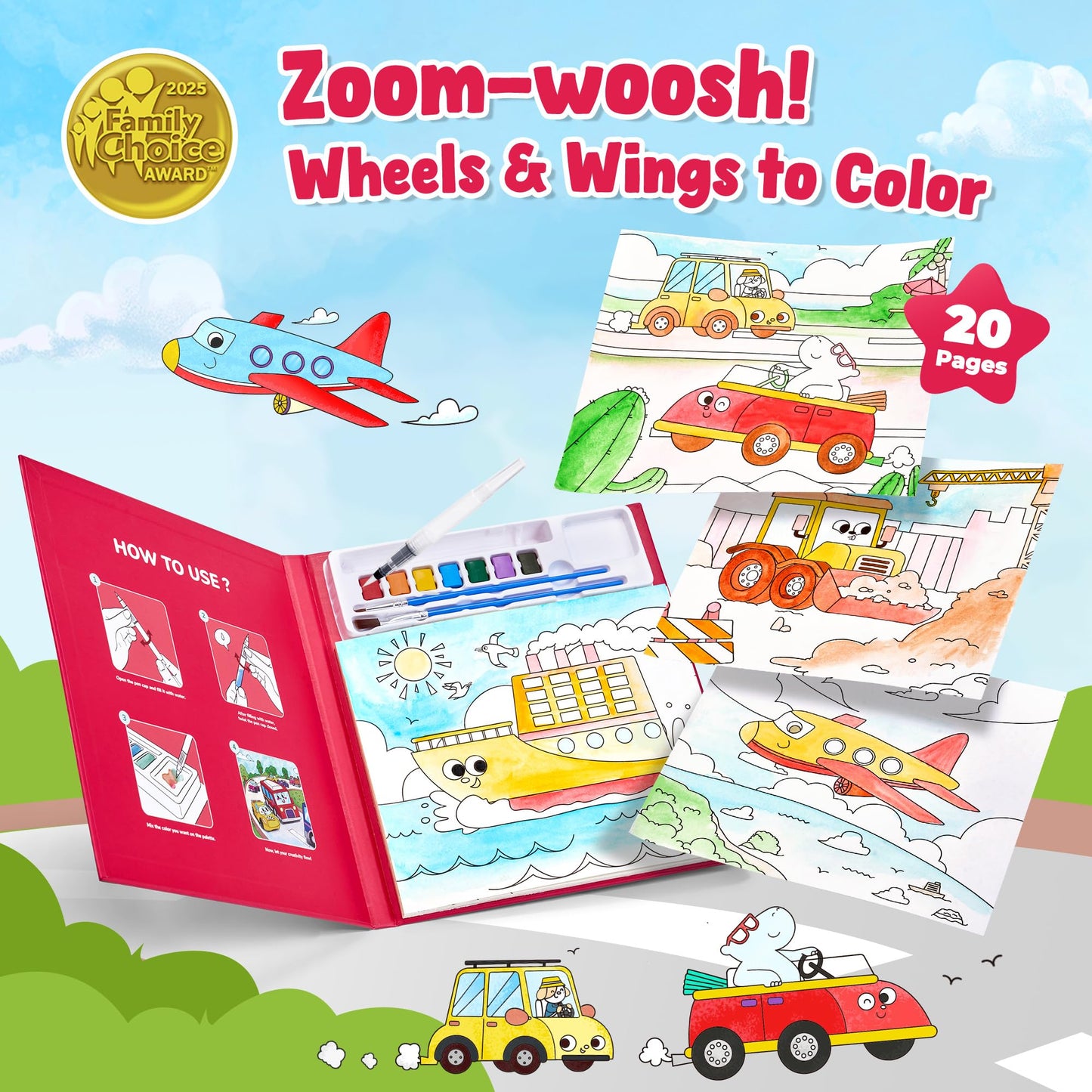 JoyCat Paint with Water Coloring Books for Toddlers – Mess-Free Watercolor Set (Transportation)