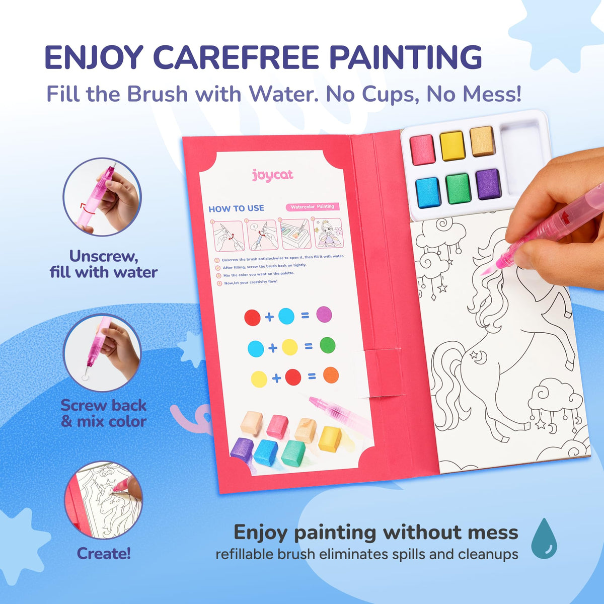 JoyCat 2 Pack Pocket Paint with Water Coloring Books – Magical Pony & Ocean Princess (Ages 3-8) | Travel Art Kit