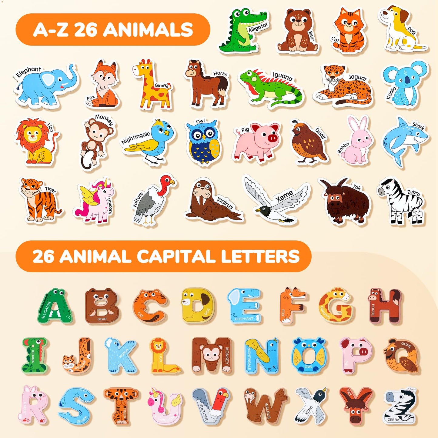 JoyCat Wooden Fridge Magnets for Kids – 26 Animals & Uppercase Letters | Magnetic Alphabet Toys for Toddlers
