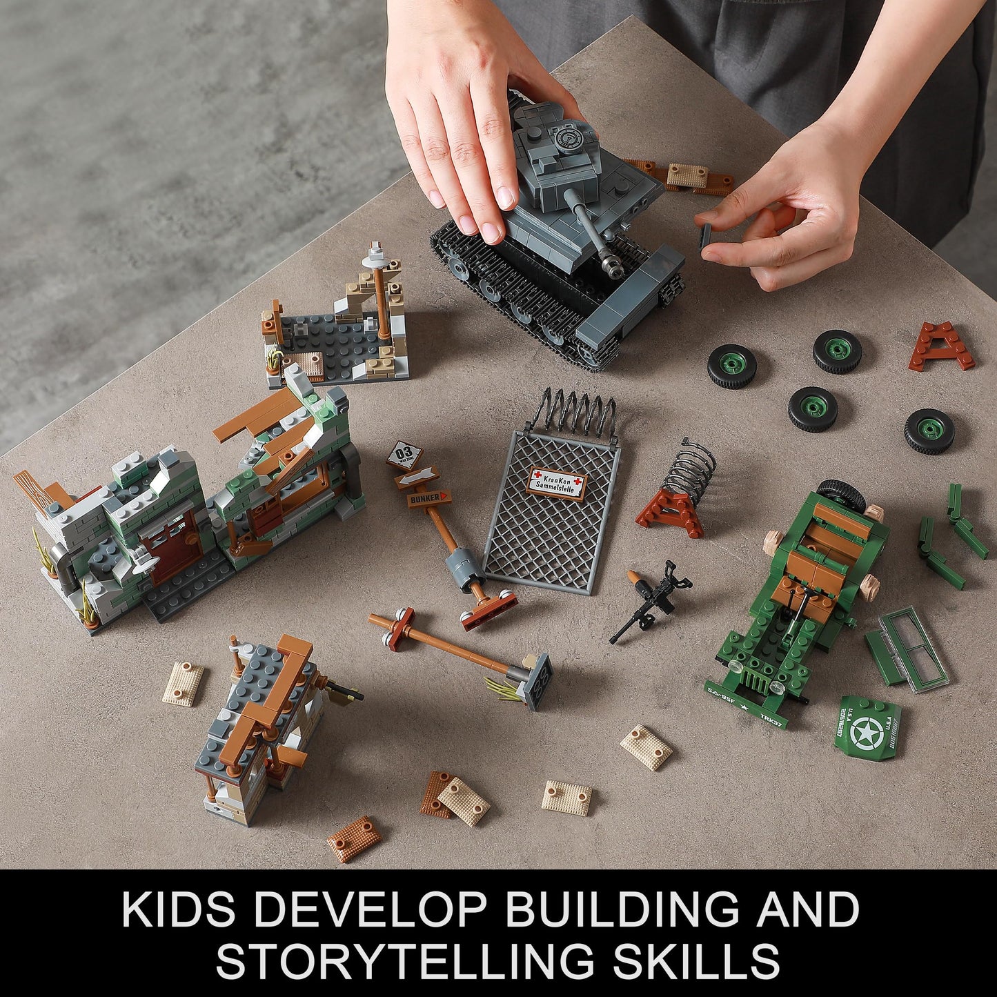 JOYCOLI WW2 Military Base Building Sets — Tiger Tank, Willys Jeep & Bombed House Diorama