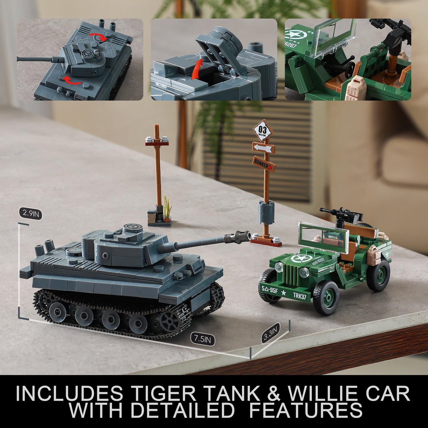 JOYCOLI WW2 Military Base Building Sets — Tiger Tank, Willys Jeep & Bombed House Diorama