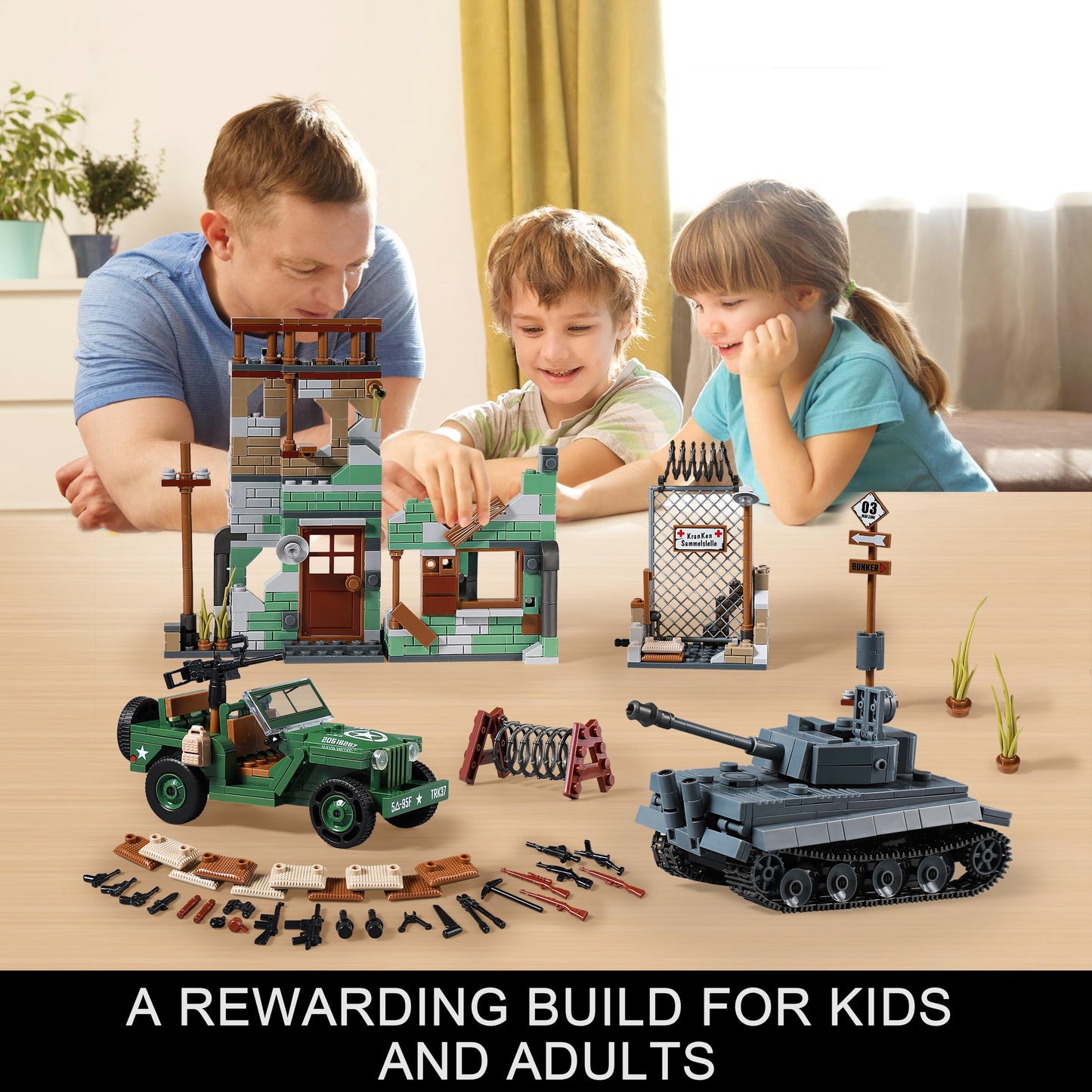 JOYCOLI WW2 Military Base Building Sets — Tiger Tank, Willys Jeep & Bombed House Diorama