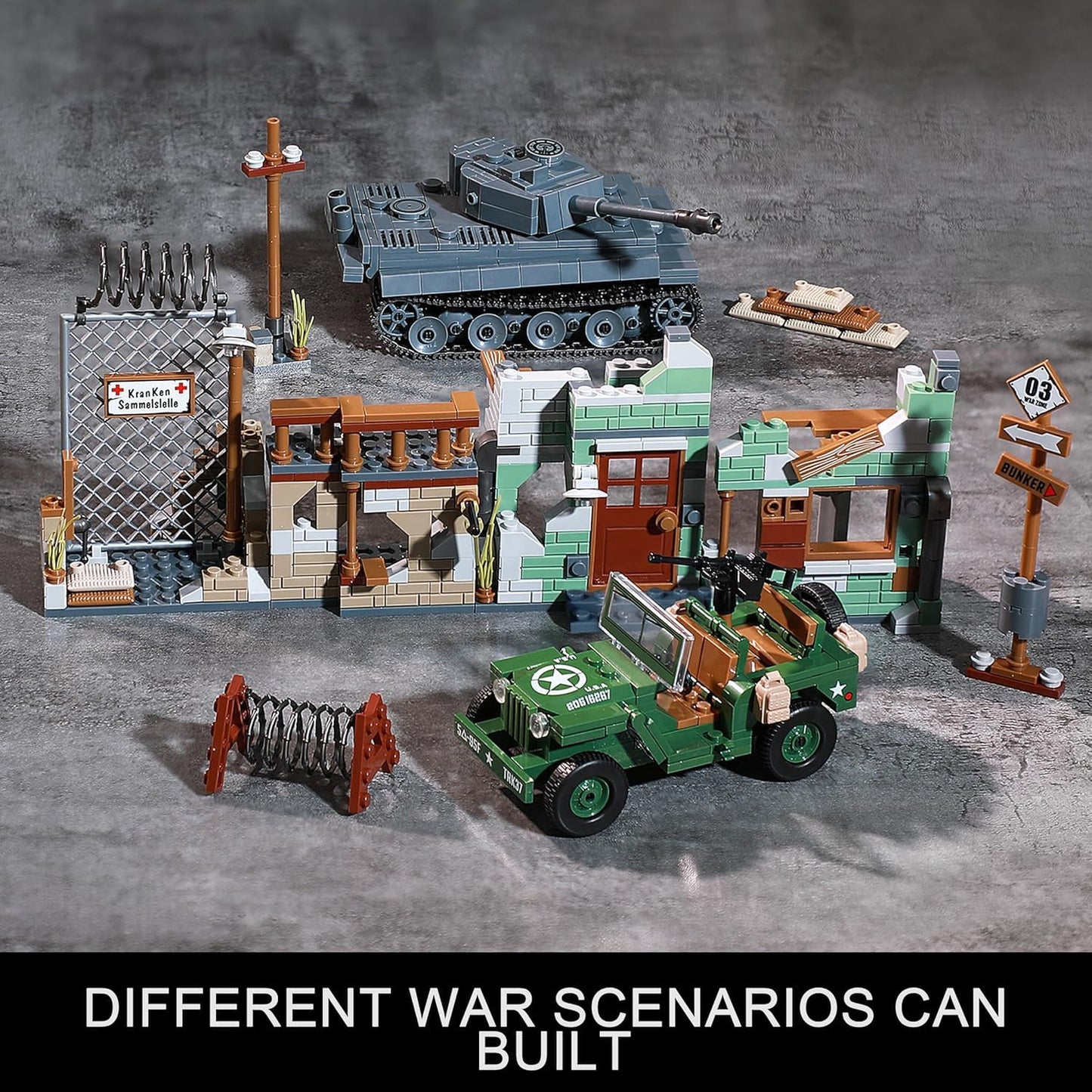 JOYCOLI WW2 Military Base Building Sets — Tiger Tank, Willys Jeep & Bombed House Diorama