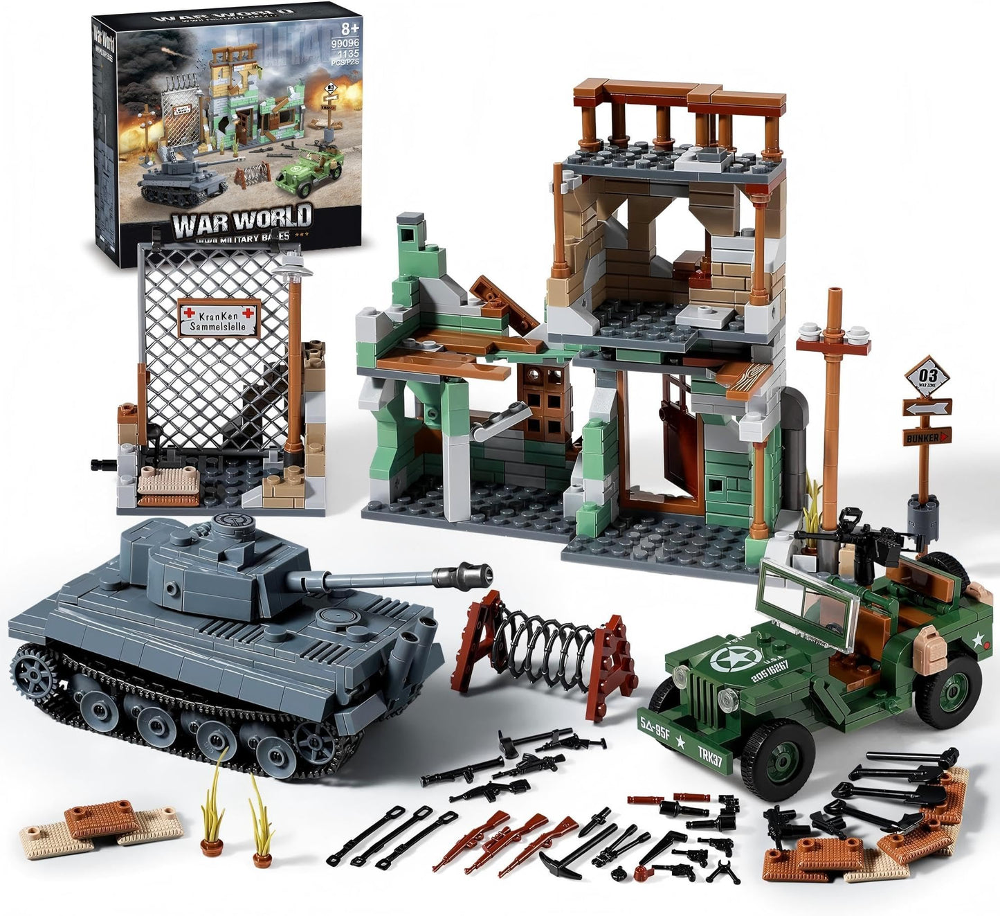 JOYCOLI WW2 Military Base Building Sets — Tiger Tank, Willys Jeep & Bombed House Diorama