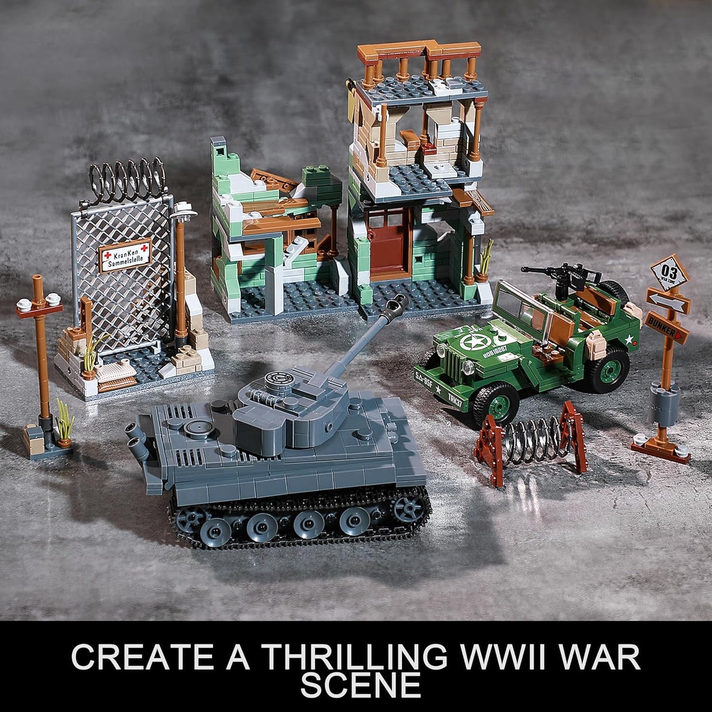 JOYCOLI WW2 Military Base Building Sets — Tiger Tank, Willys Jeep & Bombed House Diorama