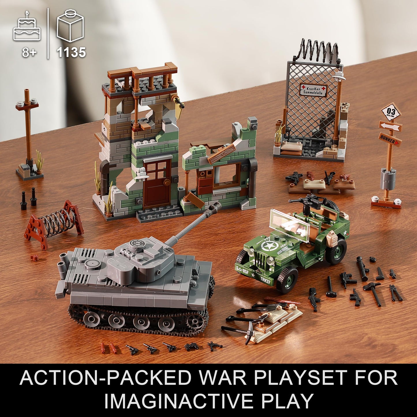 JOYCOLI WW2 Military Base Building Sets — Tiger Tank, Willys Jeep & Bombed House Diorama