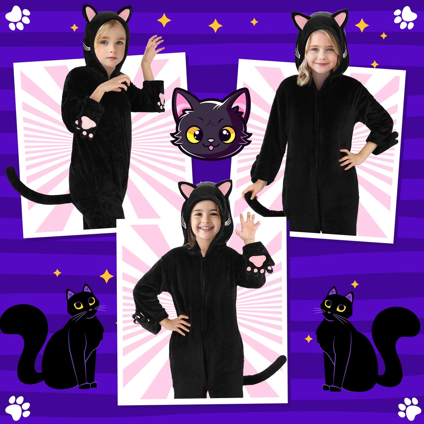 Joycover Cat Costume for Girls – Black Cat Onesie Dress Up, Size M (Ages 7-8)