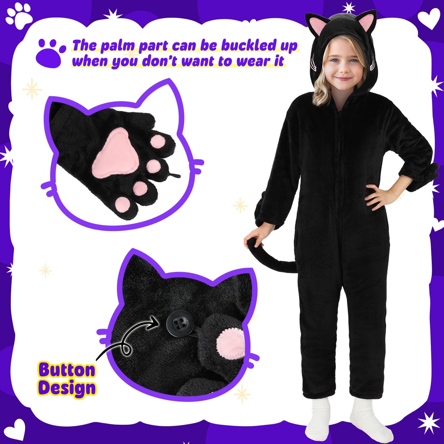 Joycover Cat Costume for Girls – Black Cat Onesie Dress Up, Size M (Ages 7-8)