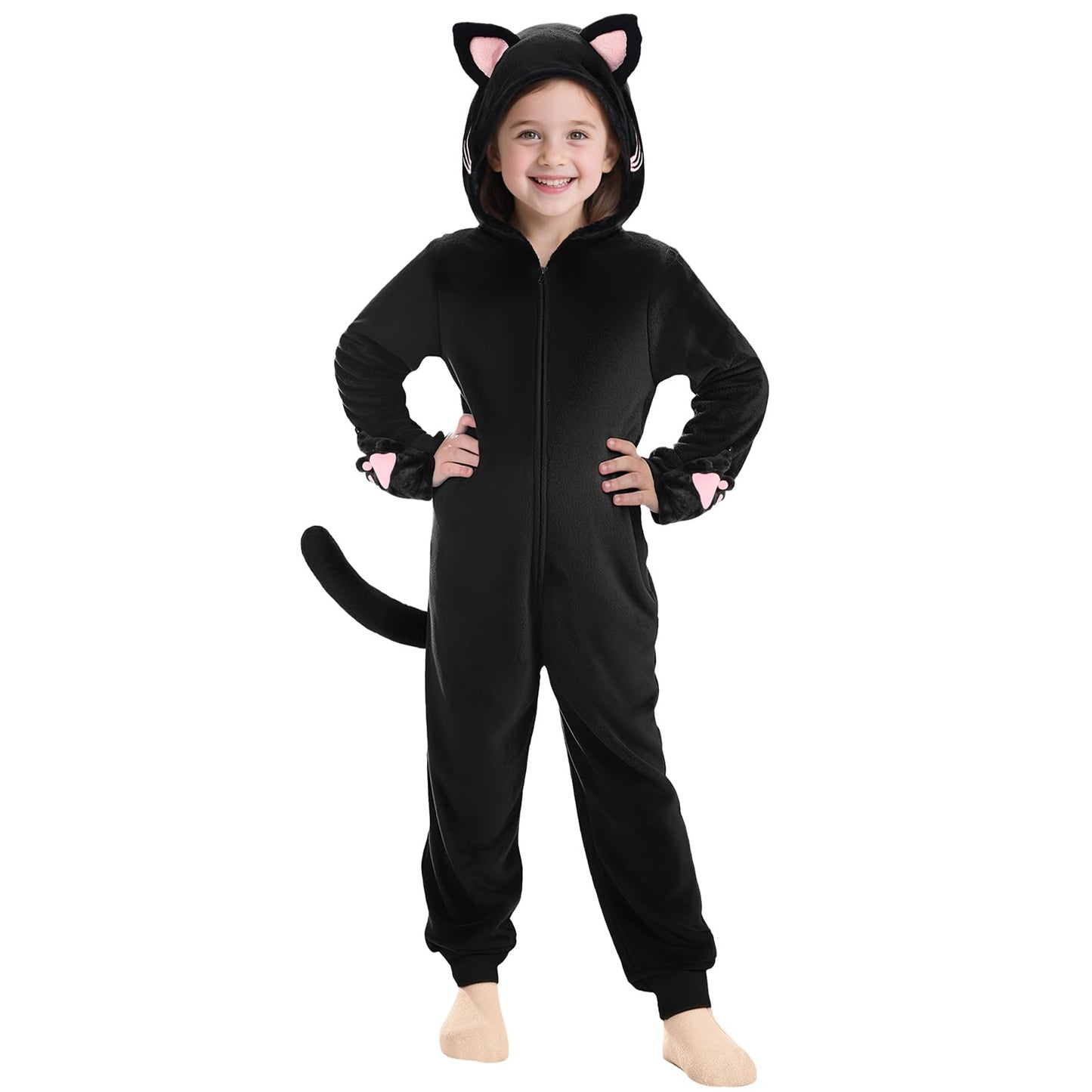 Joycover Cat Costume for Girls – Black Cat Onesie Dress Up, Size M (Ages 7-8)