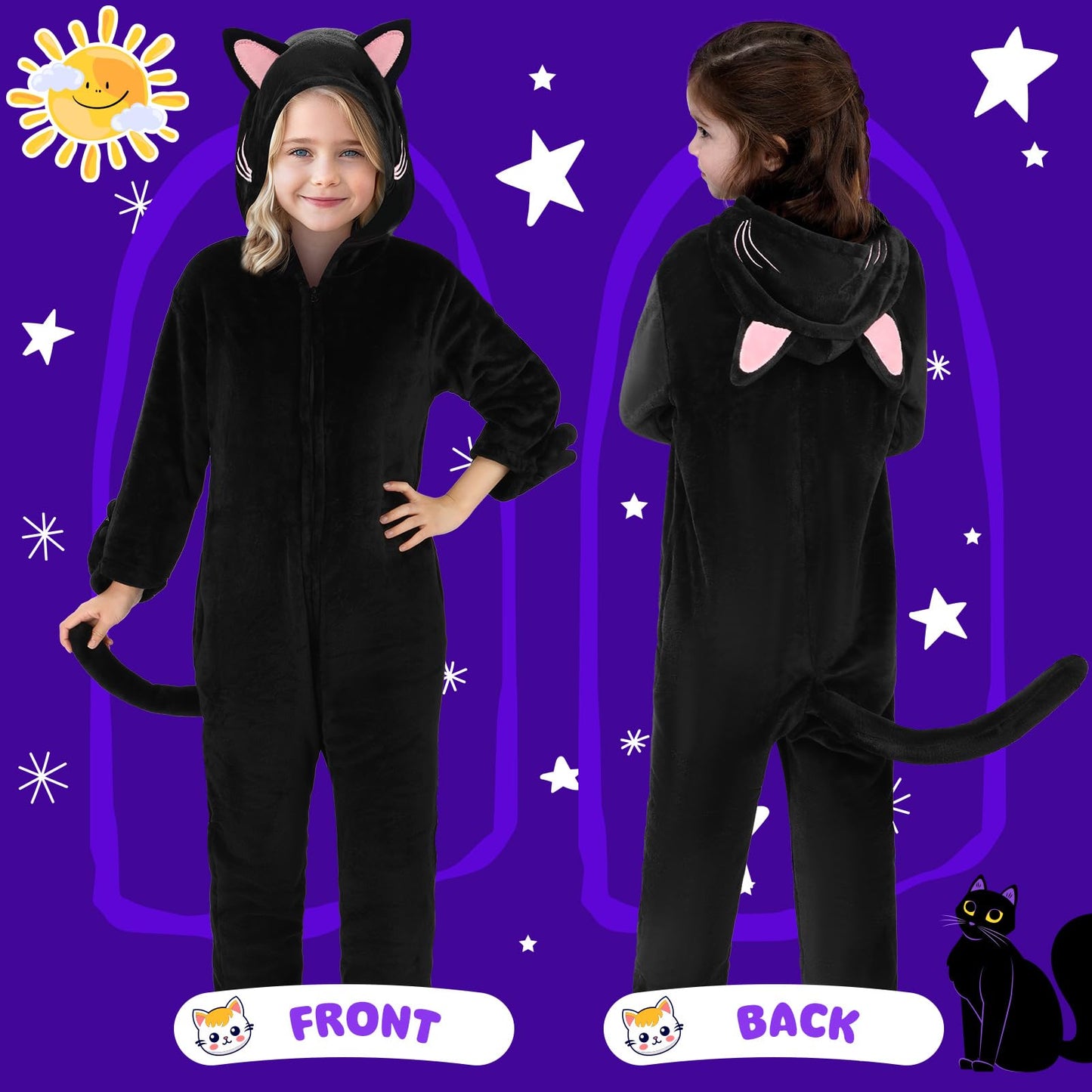 Joycover Cat Costume for Girls – Black Cat Onesie Dress Up, Size M (Ages 7-8)