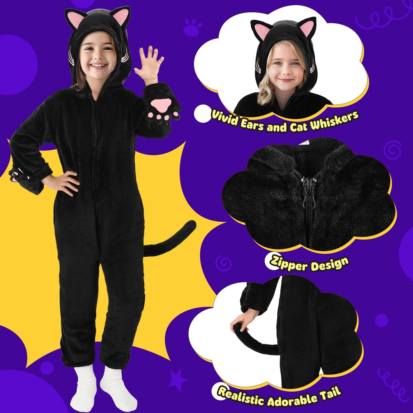 Joycover Cat Costume for Girls – Black Cat Onesie Dress Up, Size M (Ages 7-8)