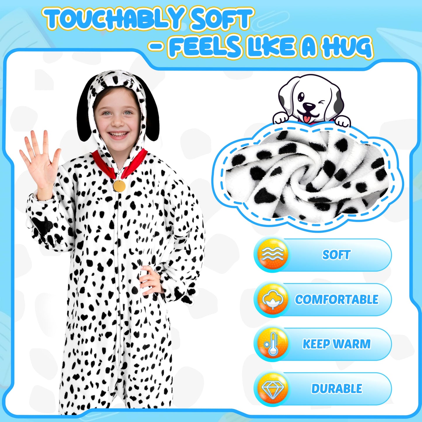 Joycover Halloween Dalmatian Costume Kids - Soft Spotted Dalmatian Dog Onesie (Size L)