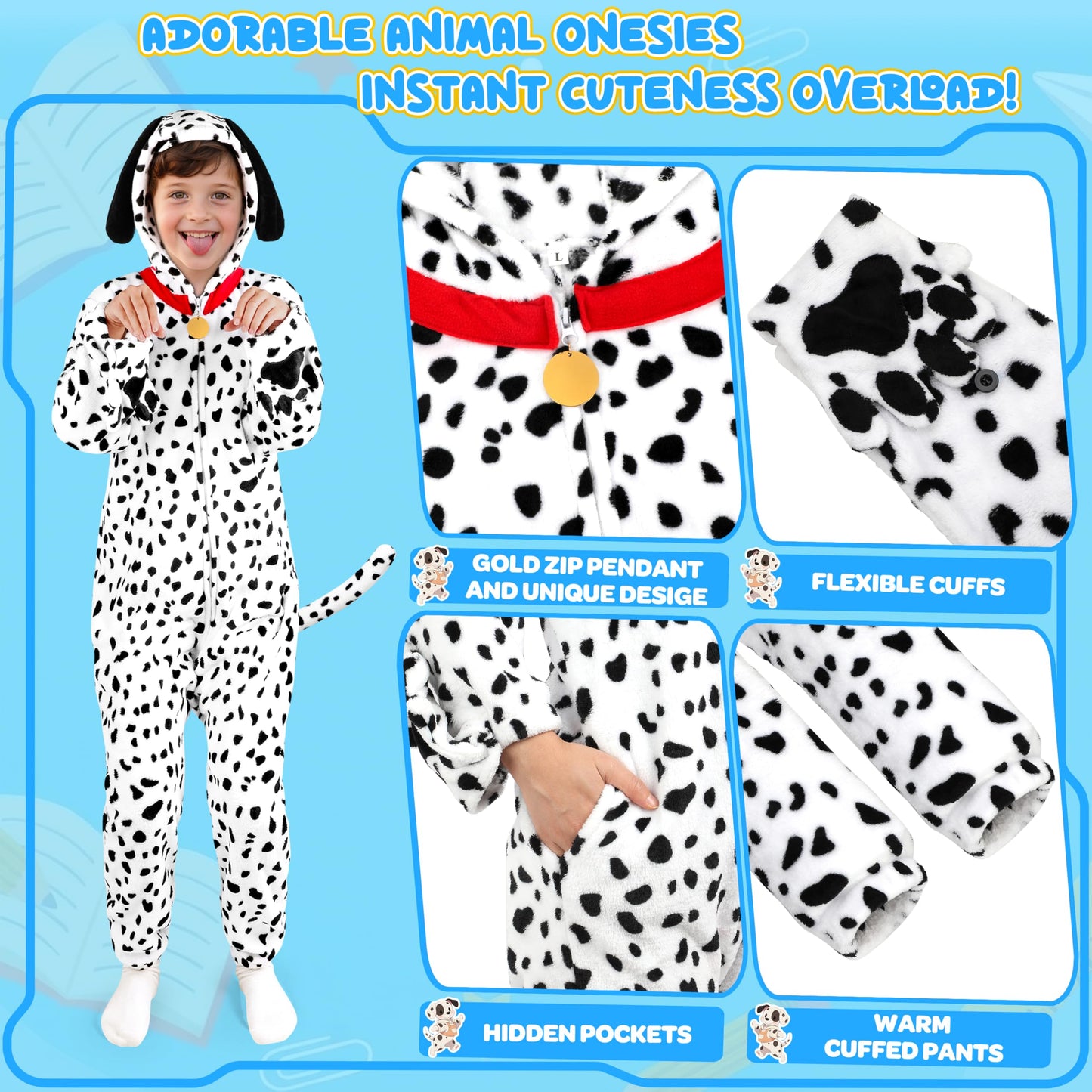 Joycover Halloween Dalmatian Costume Kids - Soft Spotted Dalmatian Dog Onesie (Size L)