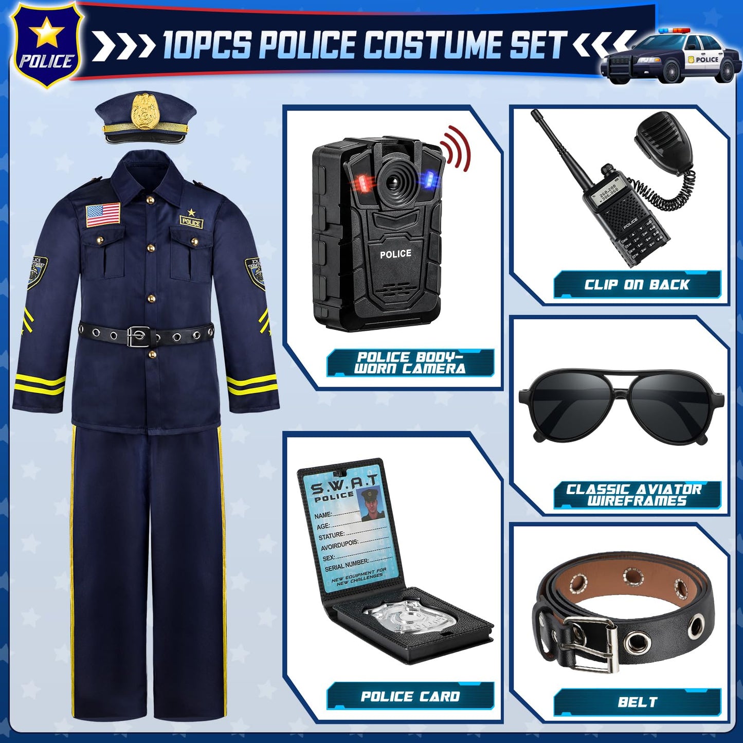 Joycover Kids Police Costume with Uniform & Accessories – All-in-One Dress Up Set