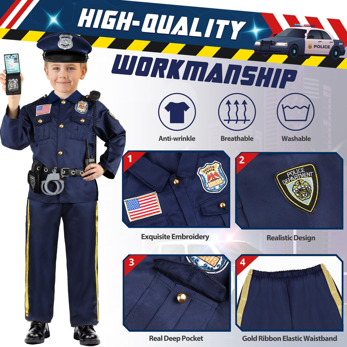 Joycover Kids Police Officer Costume - 5-Piece Set with Accessories | Halloween Dress-Up for Kids