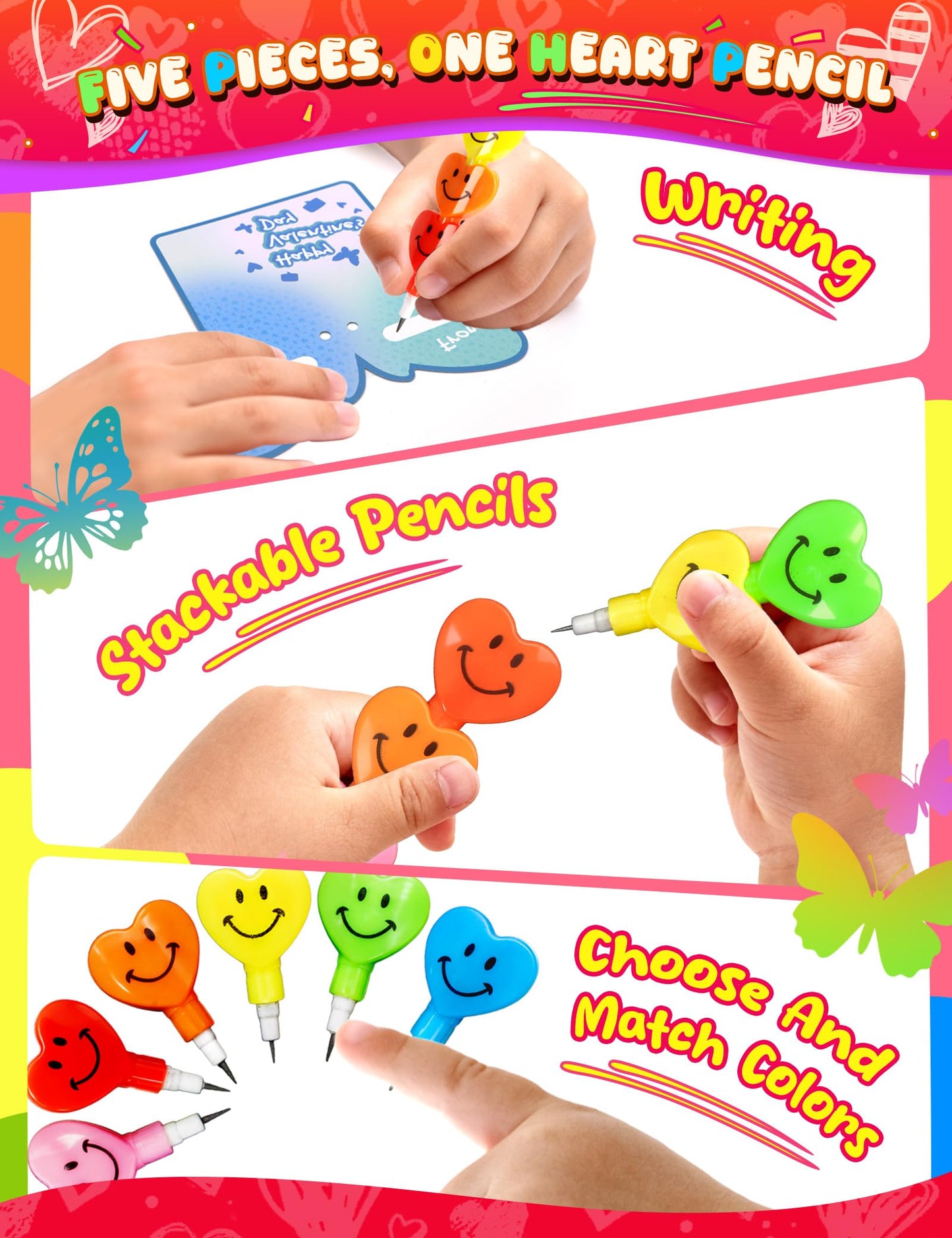 JoyFiesta 28 Pcs Valentines Cards with Stacking Heart Pencils – Classroom Gifts for Kids
