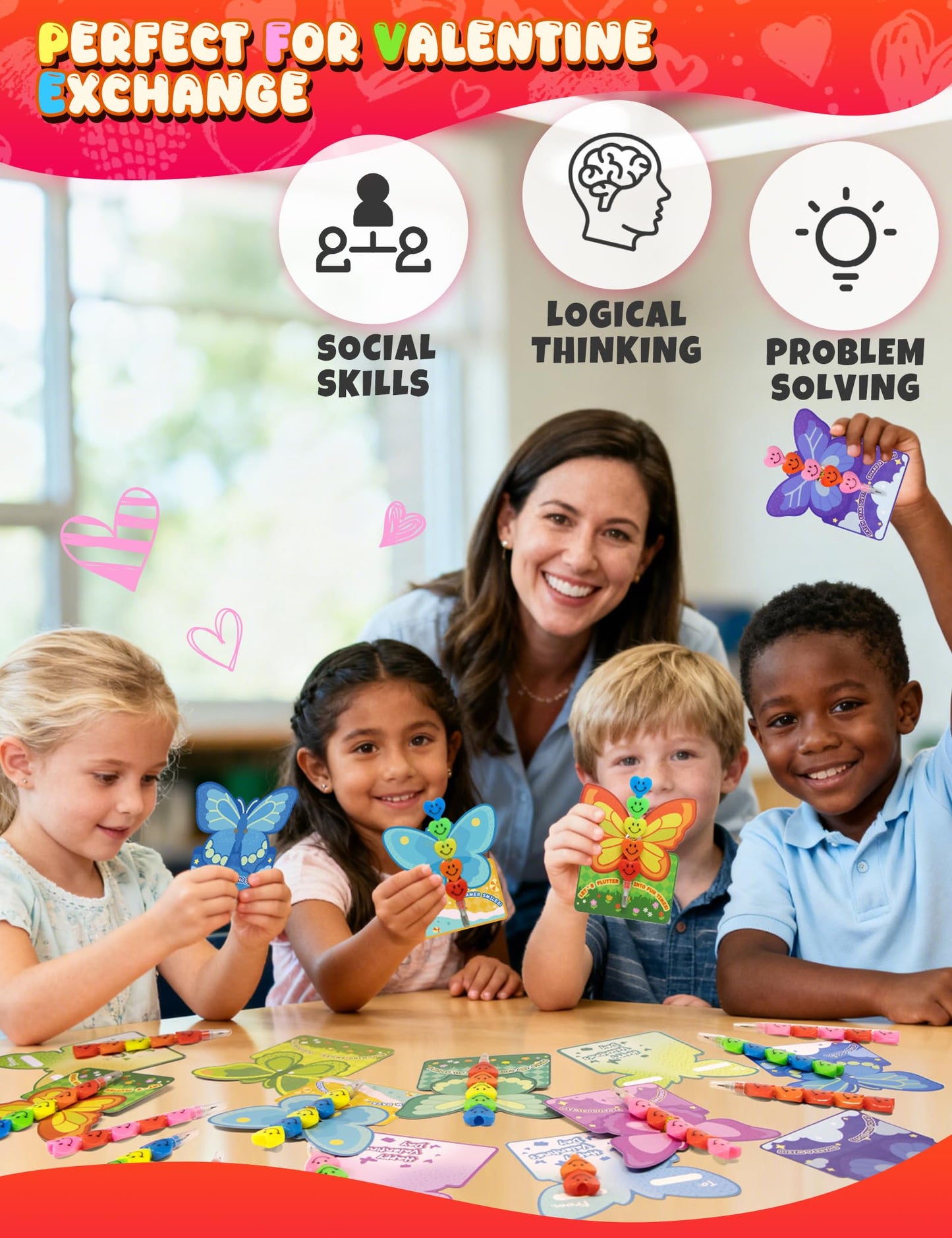 JoyFiesta 28 Pcs Valentines Cards with Stacking Heart Pencils – Classroom Gifts for Kids