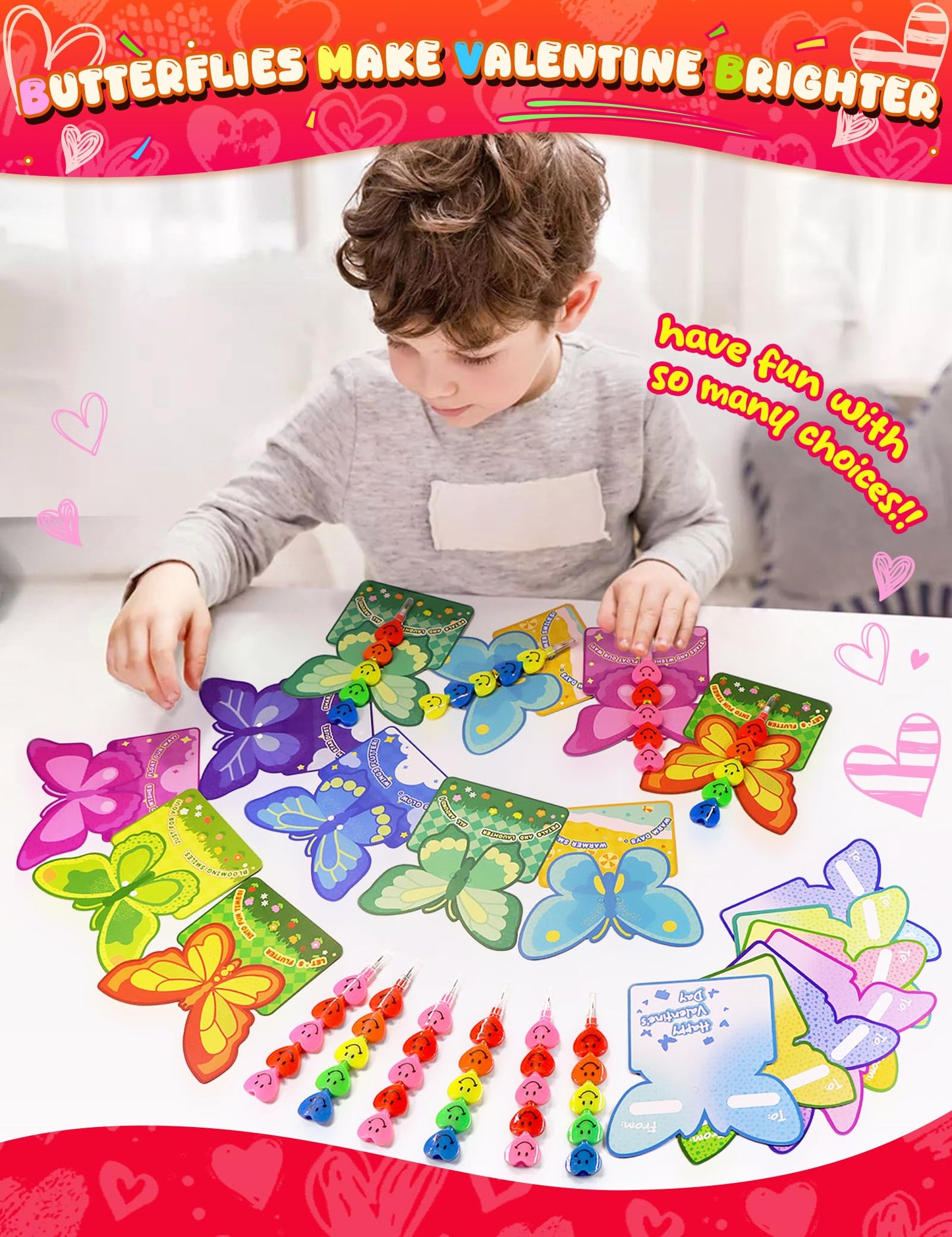 JoyFiesta 28 Pcs Valentines Cards with Stacking Heart Pencils – Classroom Gifts for Kids
