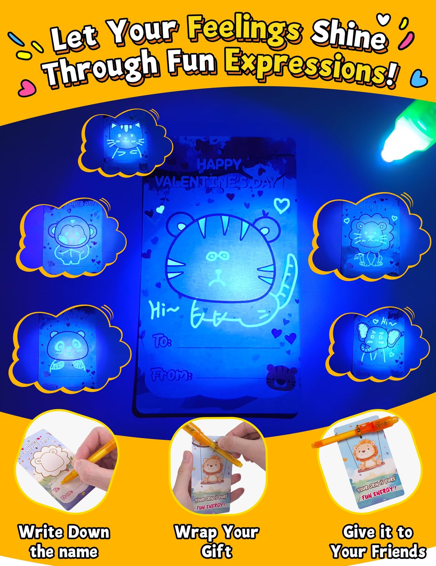JoyFiesta 28 Valentines Cards with Invisible Ink Pens – Classroom Gifts for Kids
