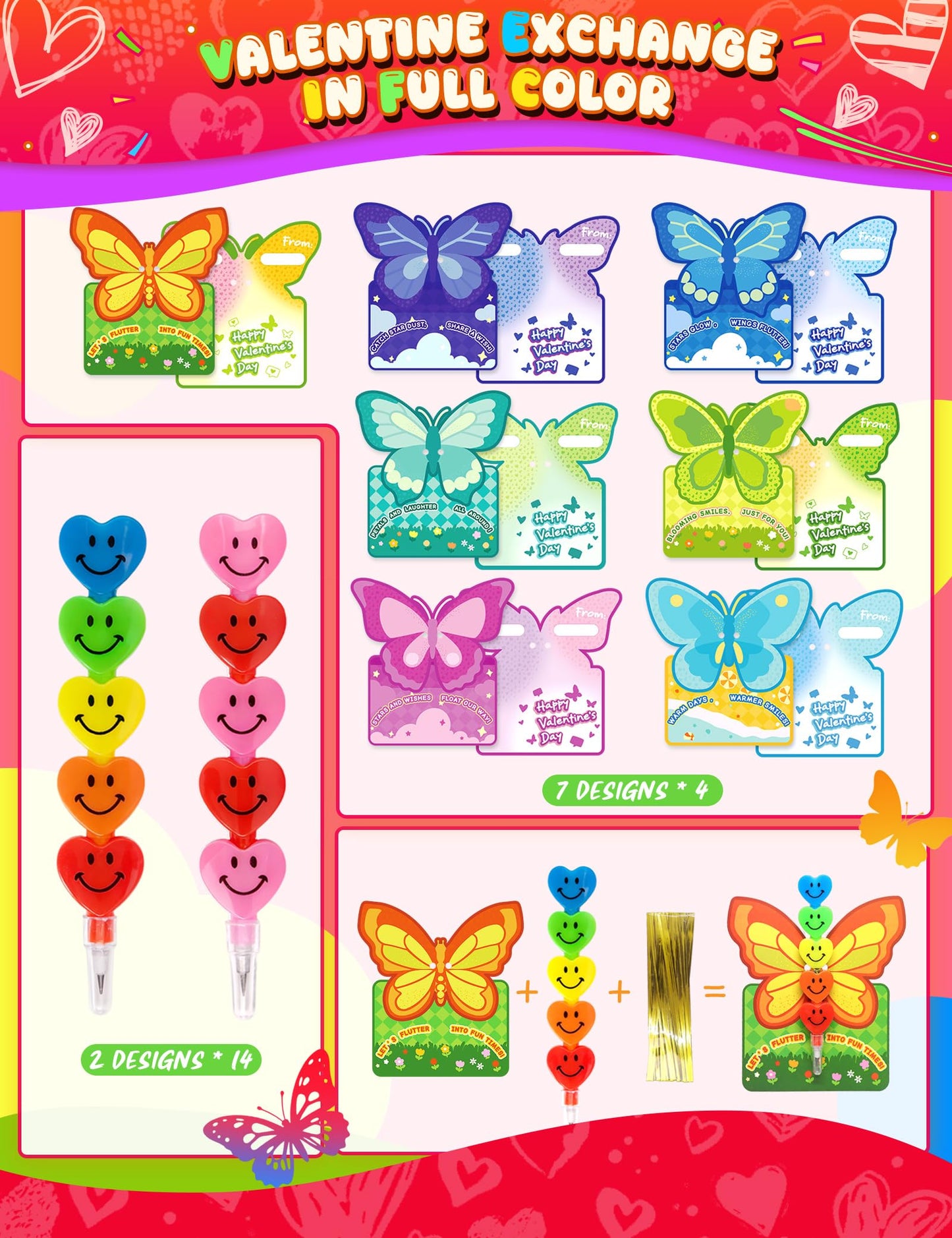 JoyFiesta 28 Pcs Valentines Cards with Stacking Heart Pencils – Classroom Gifts for Kids