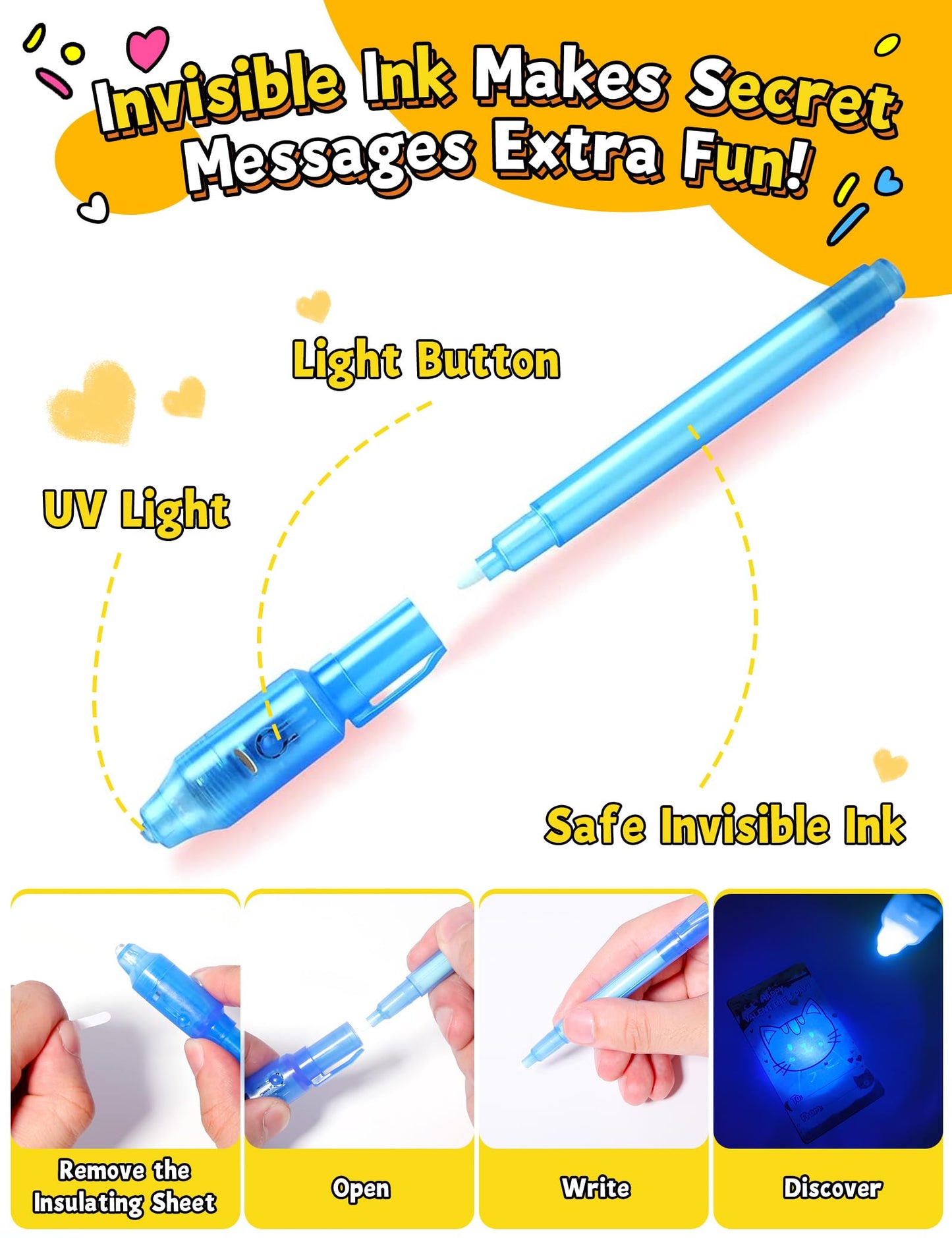 JoyFiesta 28 Valentines Cards with Invisible Ink Pens – Classroom Gifts for Kids