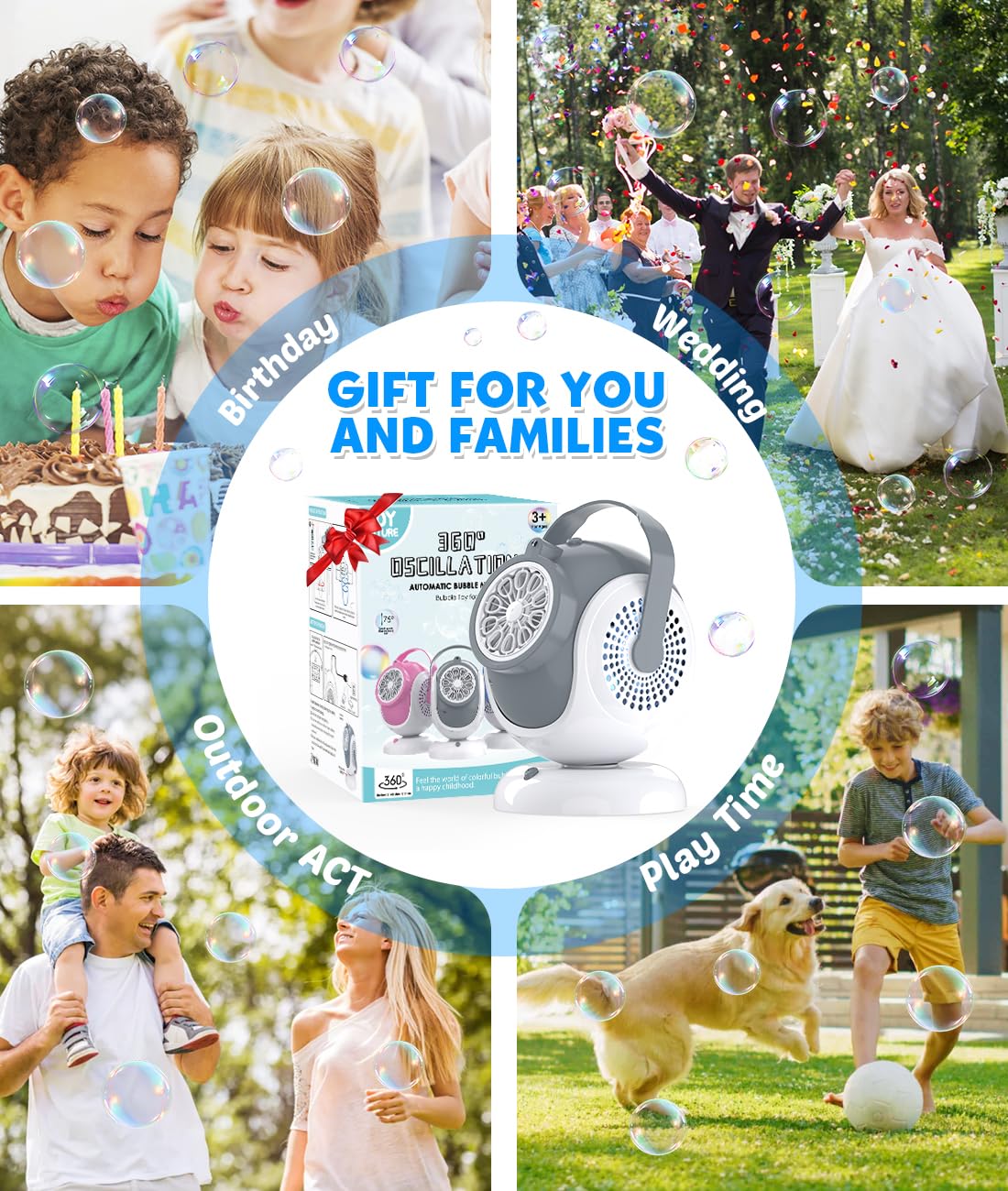 Joyfuture Rechargeable Bubble Machine – 360-degree Rotation, 75-degree Tilt, 10 Large Wands