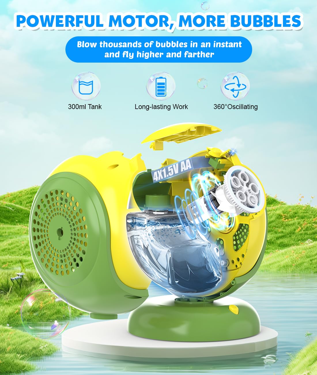 Joyfuture Bubble Machine - 360° Rotation, 75° Tilt, LED Glow, Portable Bubble Blower for Kids
