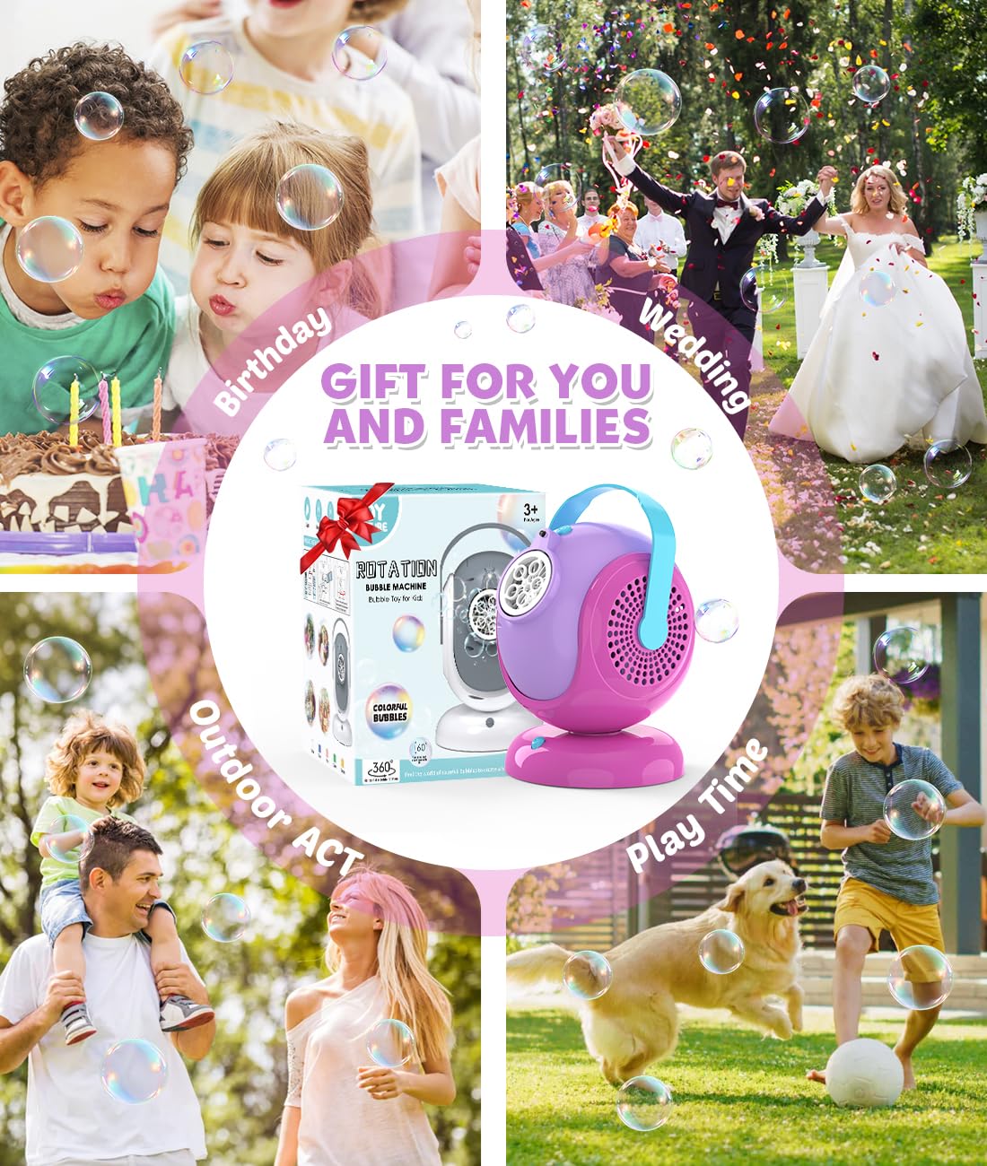 Joyfuture Bubble Machine - 360° Rotation, 75° Tilt, LED Bubble Blower for Kids & Outdoor Parties