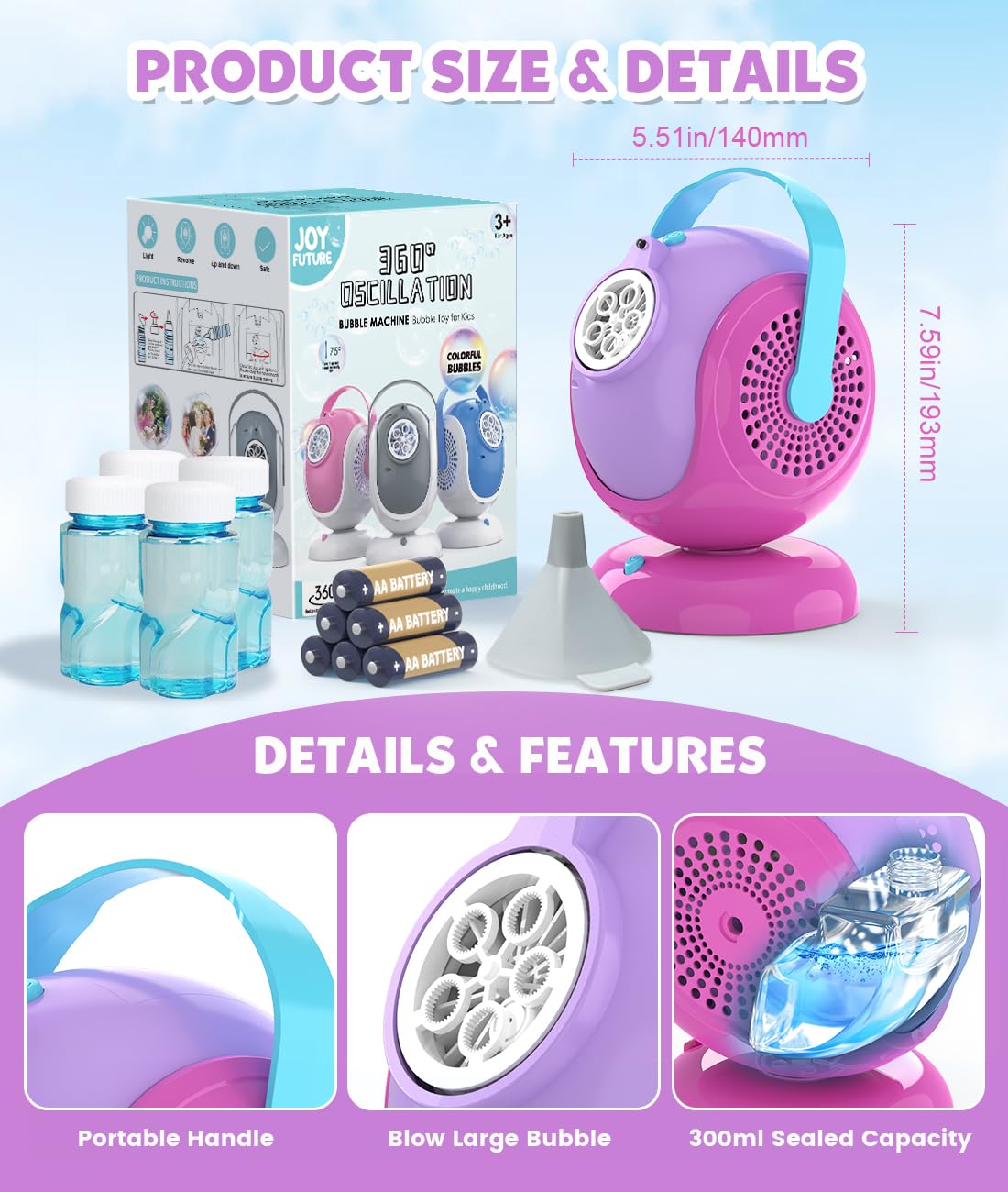 Joyfuture Bubble Machine - 360° Rotation, 75° Tilt, LED Bubble Blower for Kids & Outdoor Parties