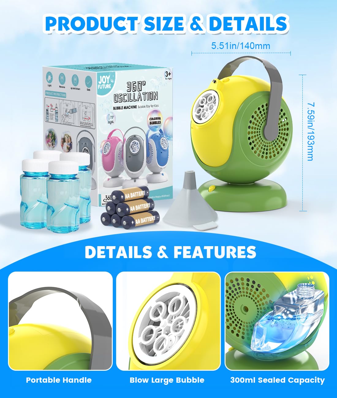 Joyfuture Bubble Machine - 360° Rotation, 75° Tilt, LED Glow, Portable Bubble Blower for Kids