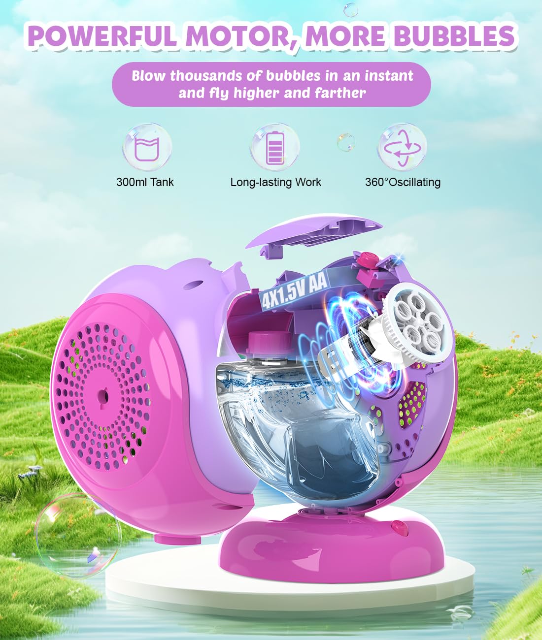 Joyfuture Bubble Machine - 360° Rotation, 75° Tilt, LED Bubble Blower for Kids & Outdoor Parties