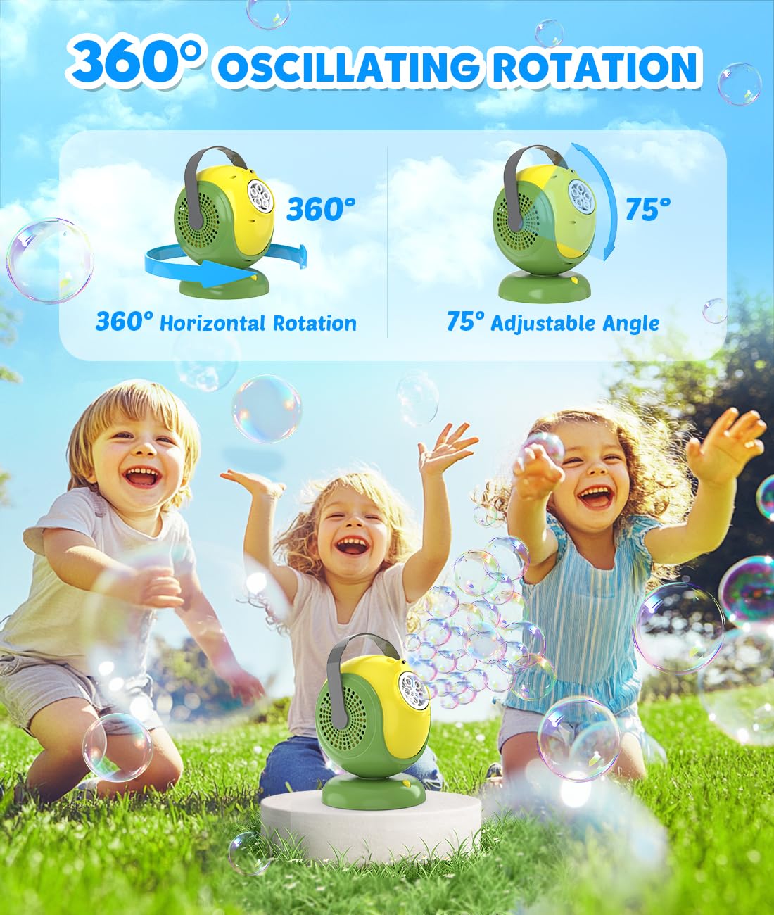 Joyfuture Bubble Machine - 360° Rotation, 75° Tilt, LED Glow, Portable Bubble Blower for Kids